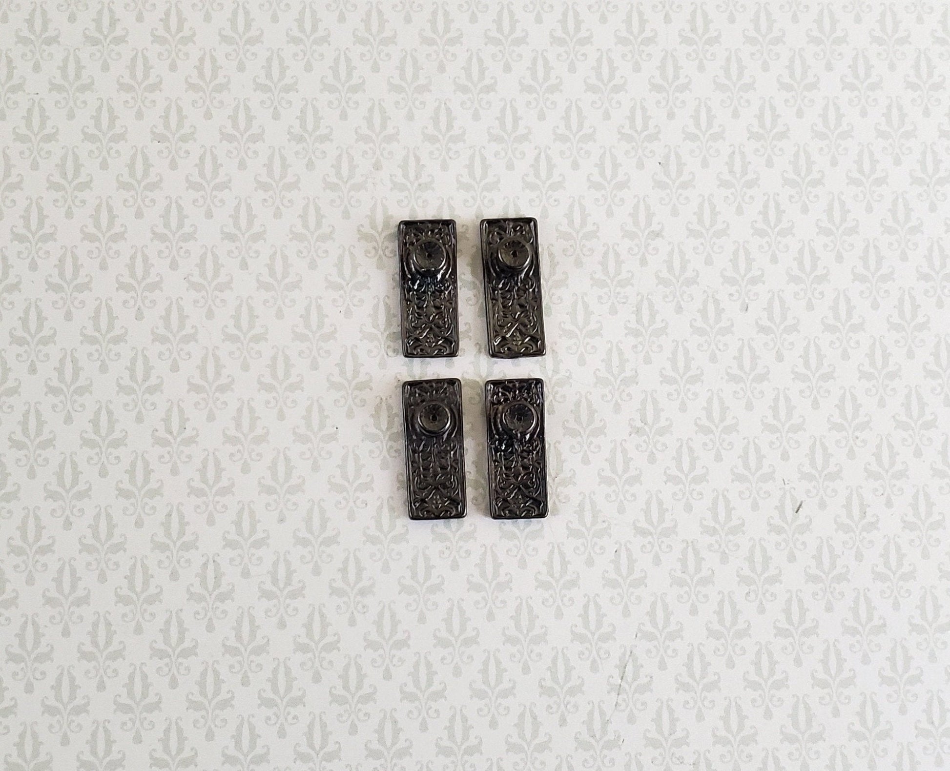 Dollhouse Miniature Doorknobs with Plate Dark Pewter Fancy Set 1:12 Scale - Miniature Crush