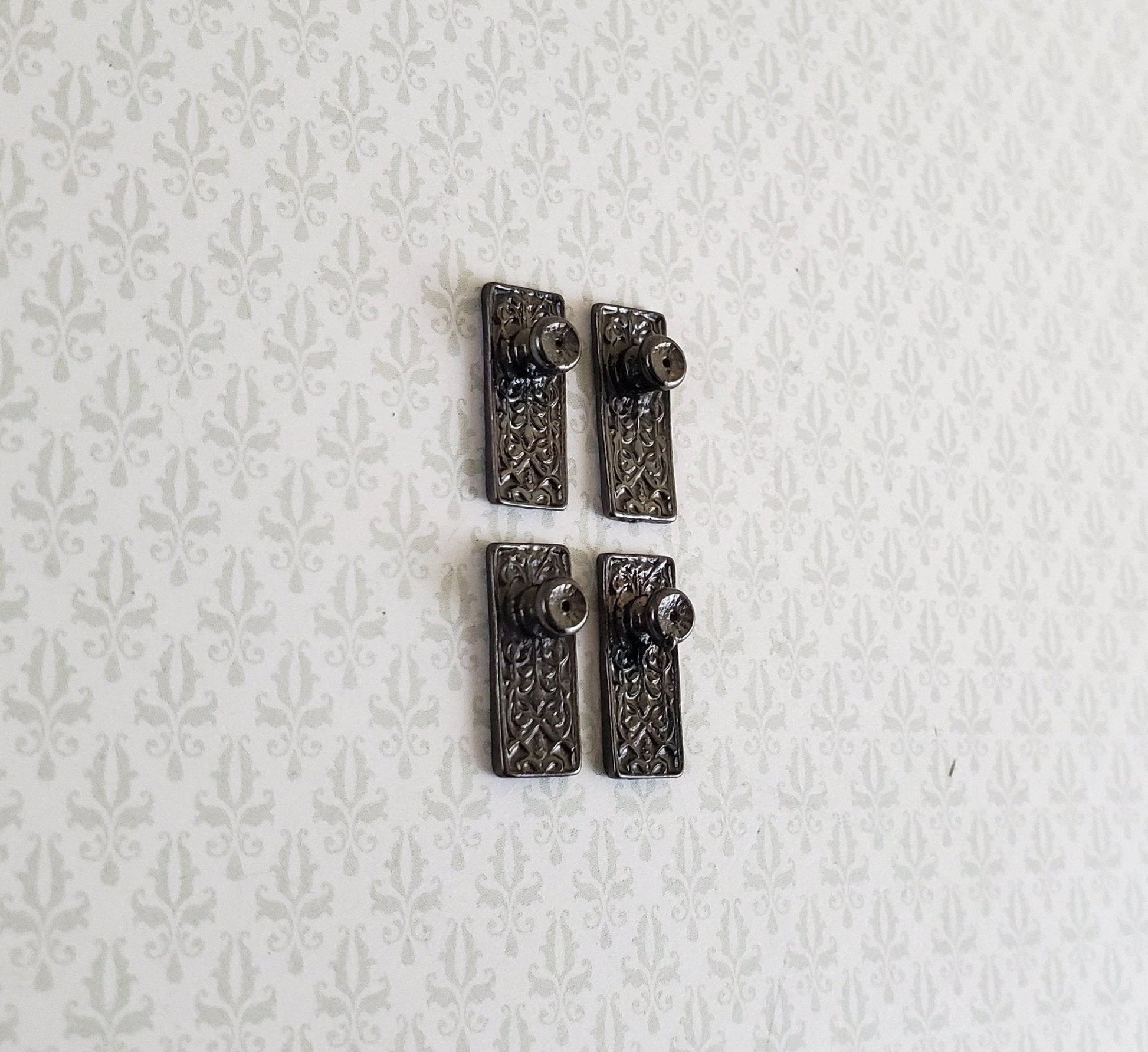 Dollhouse Miniature Doorknobs with Plate Dark Pewter Fancy Set 1:12 Scale - Miniature Crush