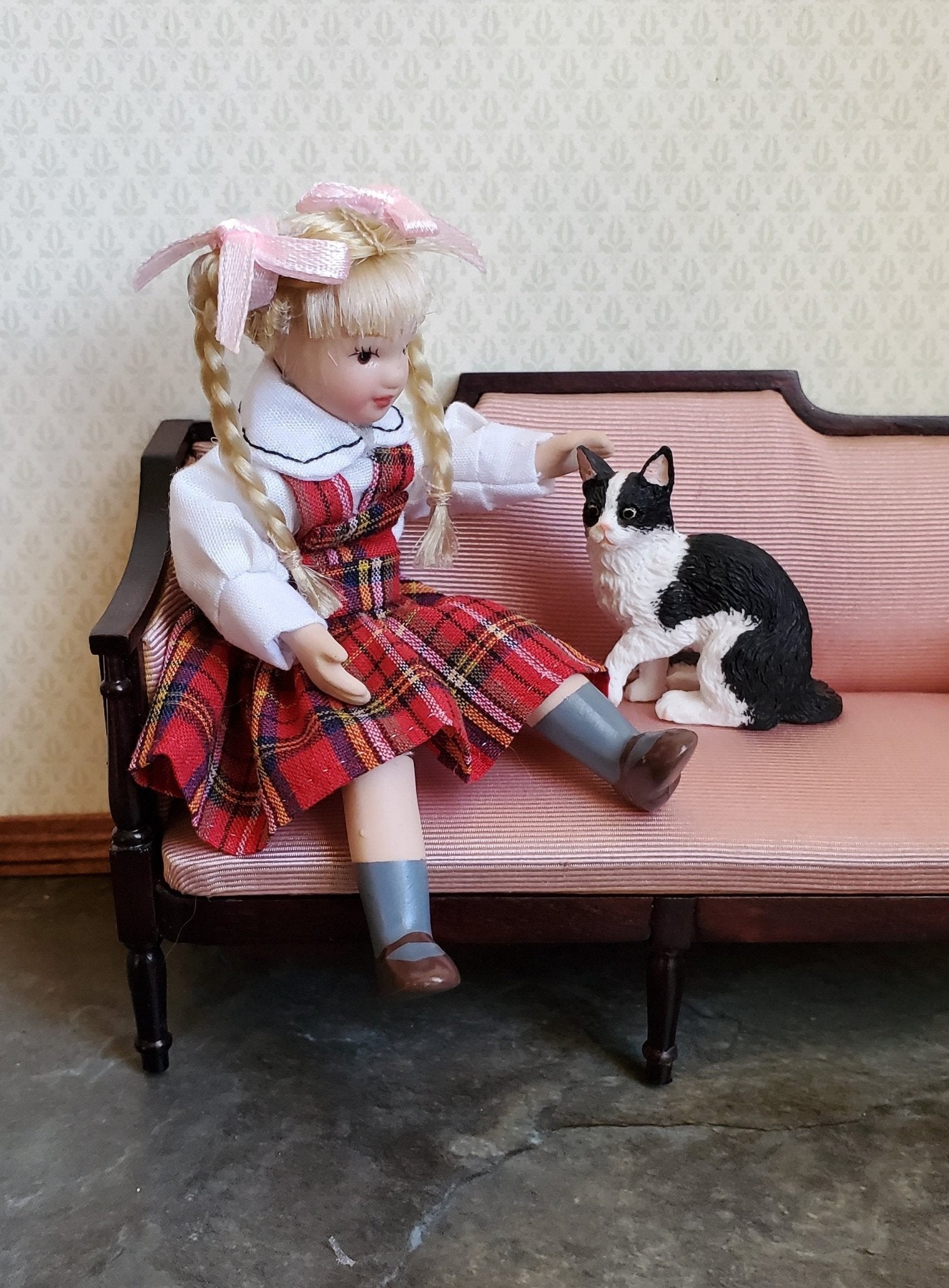 Dollhouse Miniature Girl Doll Braids Porcelain Poseable 1:12 Scale Braids Red Plaid Dress - Miniature Crush