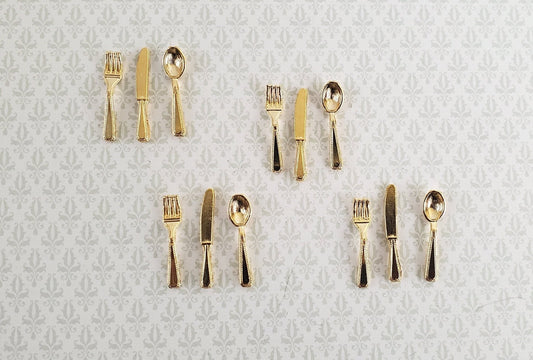 Dollhouse Miniature Gold Flatware Fork Spoon Knife 4 Place Settings 1:12 Scale - Miniature Crush