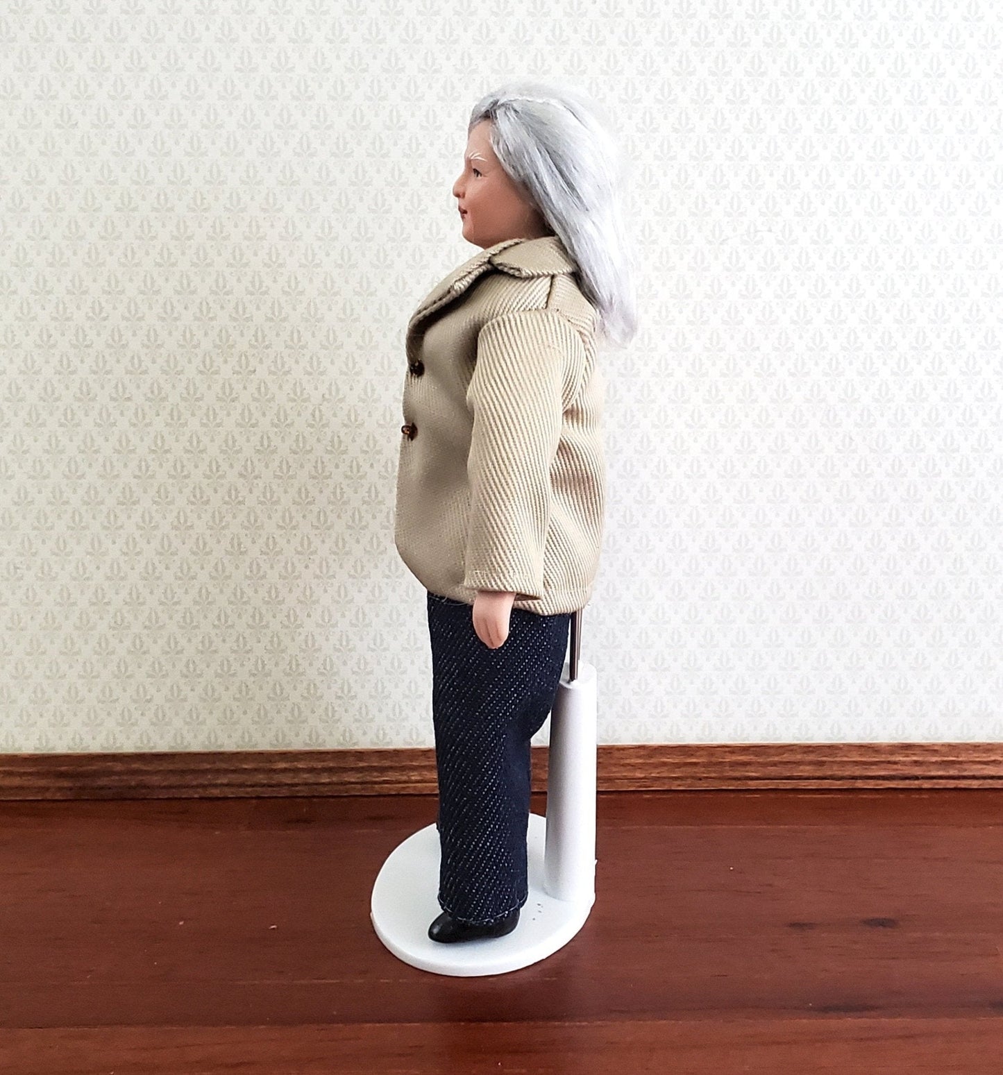 Dollhouse Miniature Grandma Porcelain Doll Modern Style with Jeans 1:12 Scale - Miniature Crush