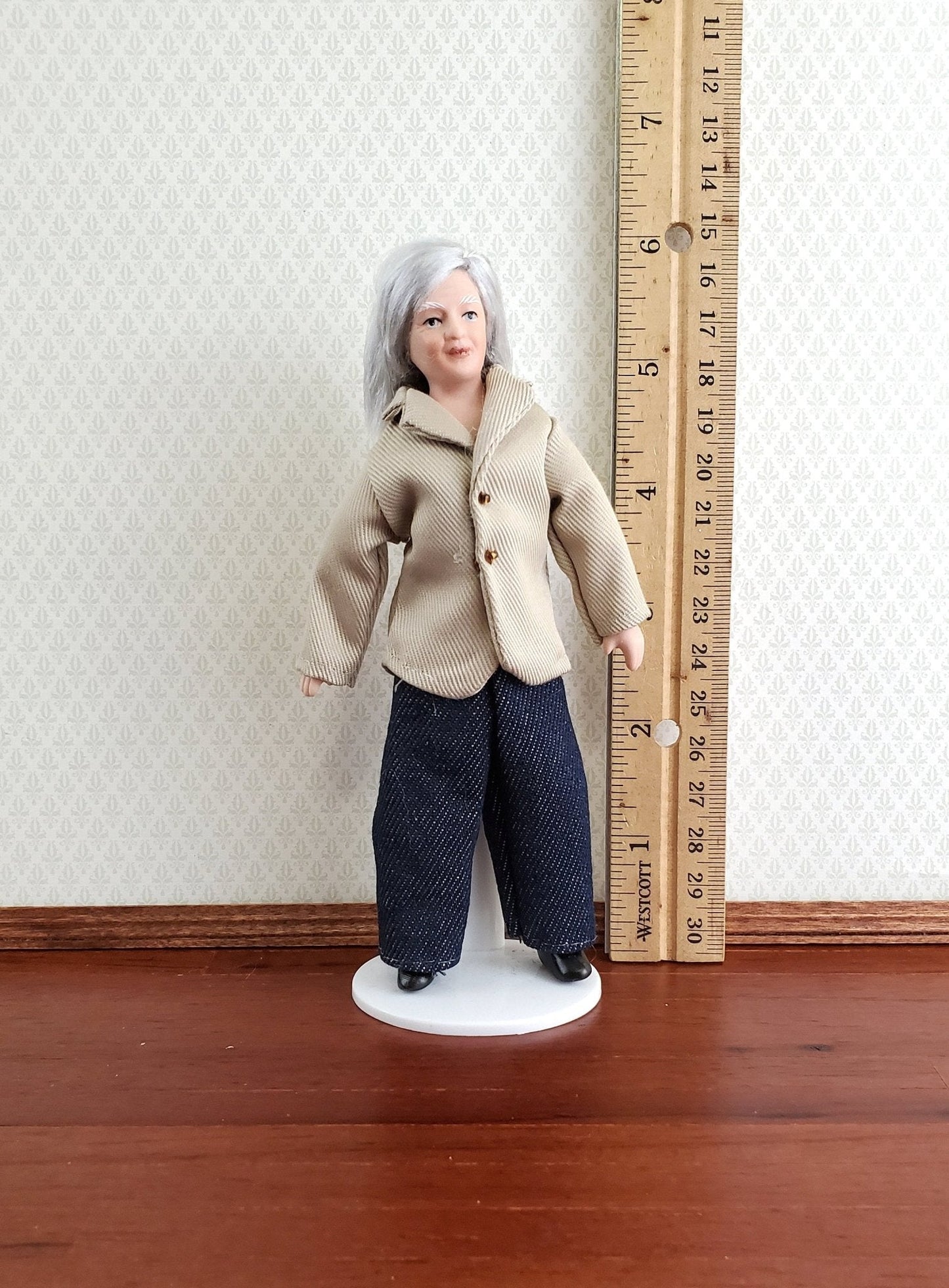 Dollhouse Miniature Grandma Porcelain Doll Modern Style with Jeans 1:12 Scale - Miniature Crush