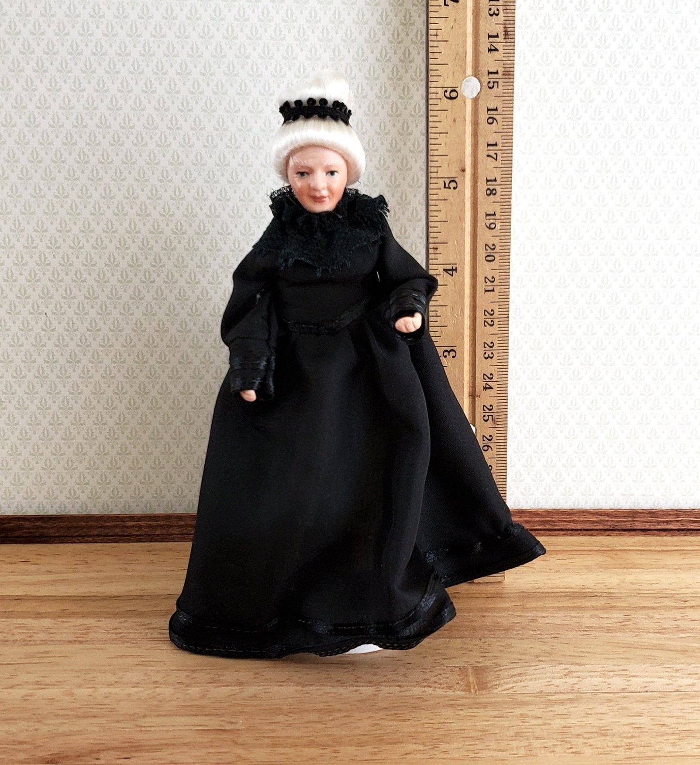 Dollhouse Miniature Grandma Porcelain Doll Victorian Black Dress 1:12 Scale - Miniature Crush