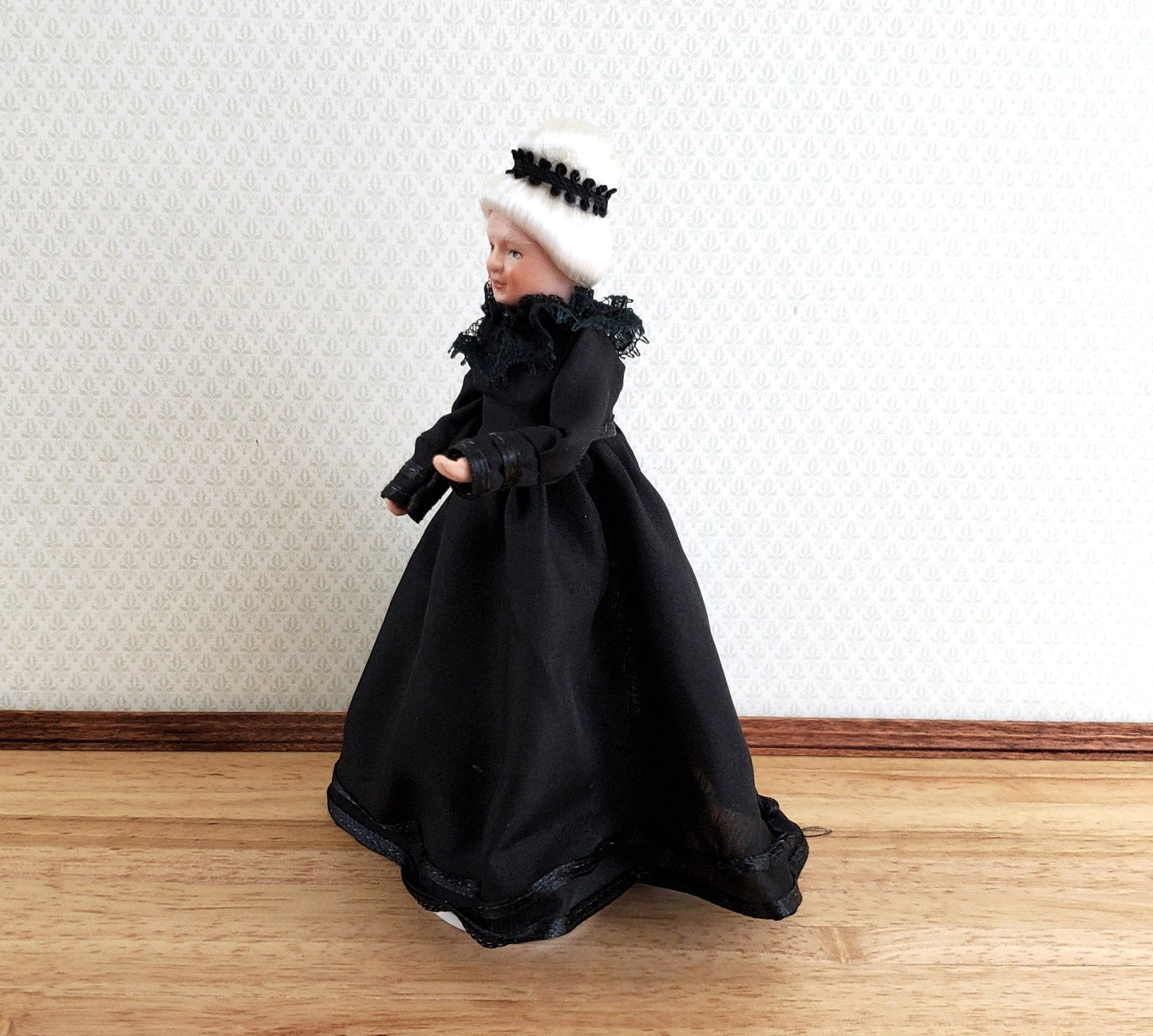 Dollhouse Miniature Grandma Porcelain Doll Victorian Black Dress 1:12 Scale - Miniature Crush