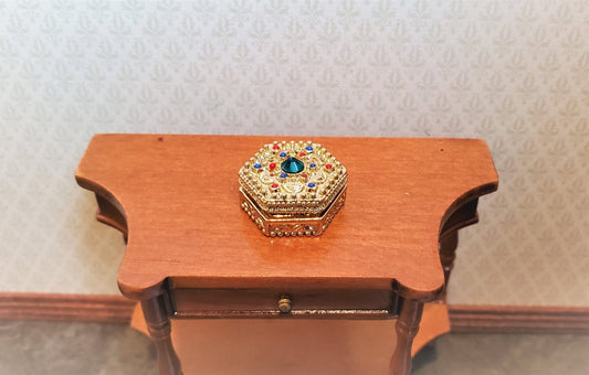 Dollhouse Miniature Jewelry Box with Jewels Large Gold with Opening Lid 1:12 Scale - Miniature Crush