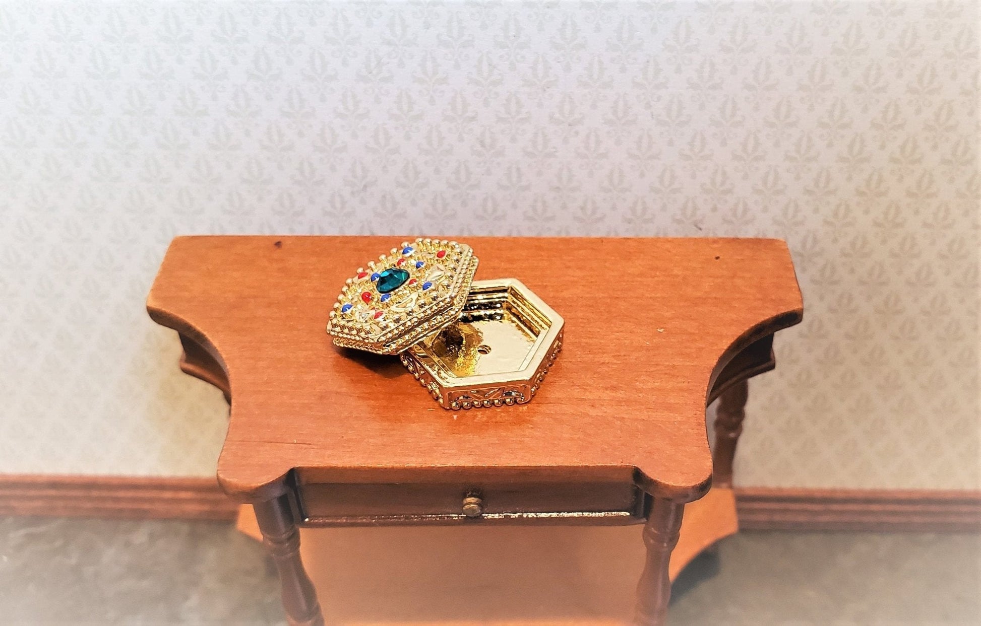 Dollhouse Miniature Jewelry Box with Jewels Large Gold with Opening Lid 1:12 Scale - Miniature Crush