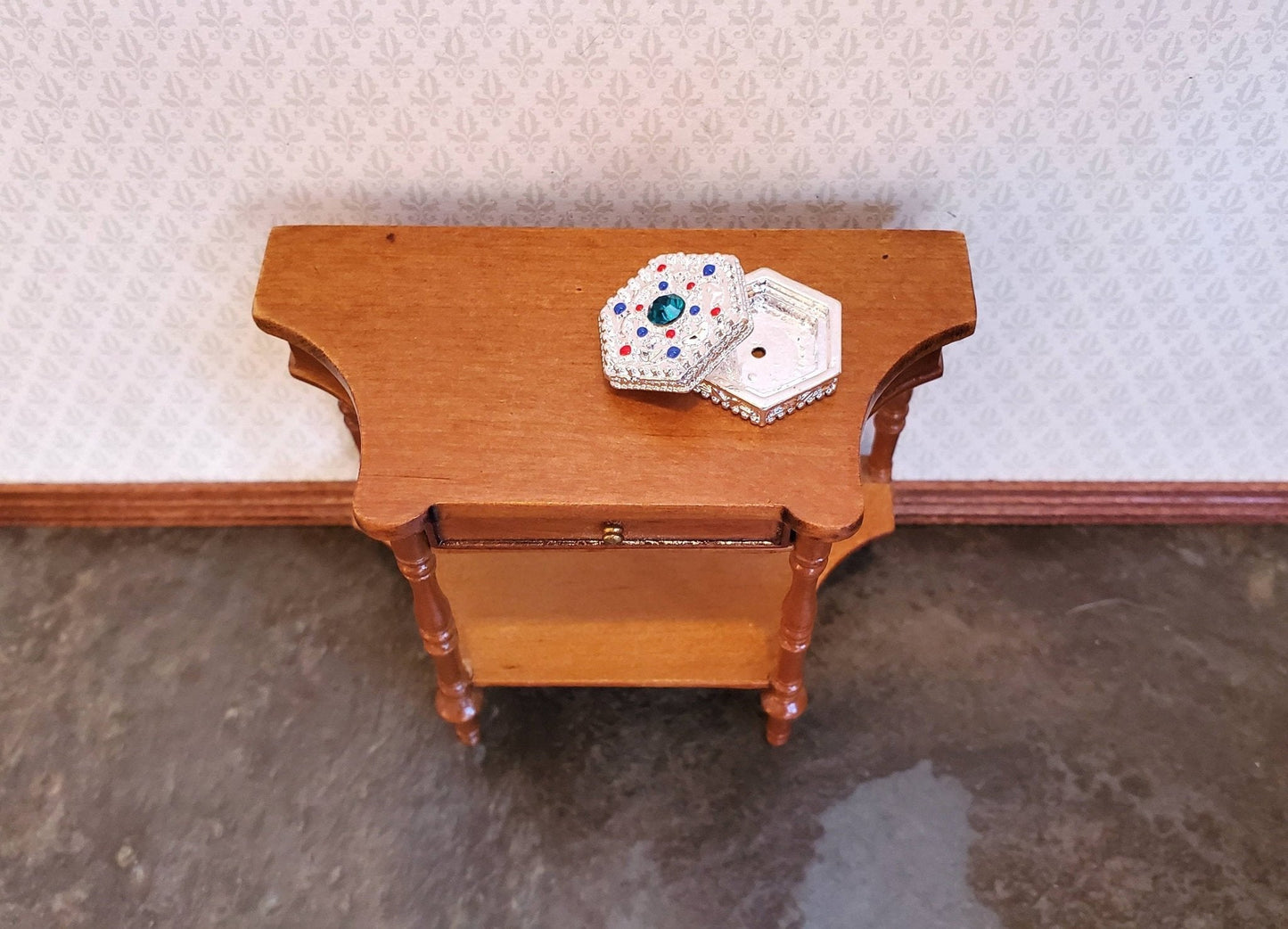 Dollhouse Miniature Jewelry Box with Jewels Large Silver with Opening Lid 1:12 Scale - Miniature Crush