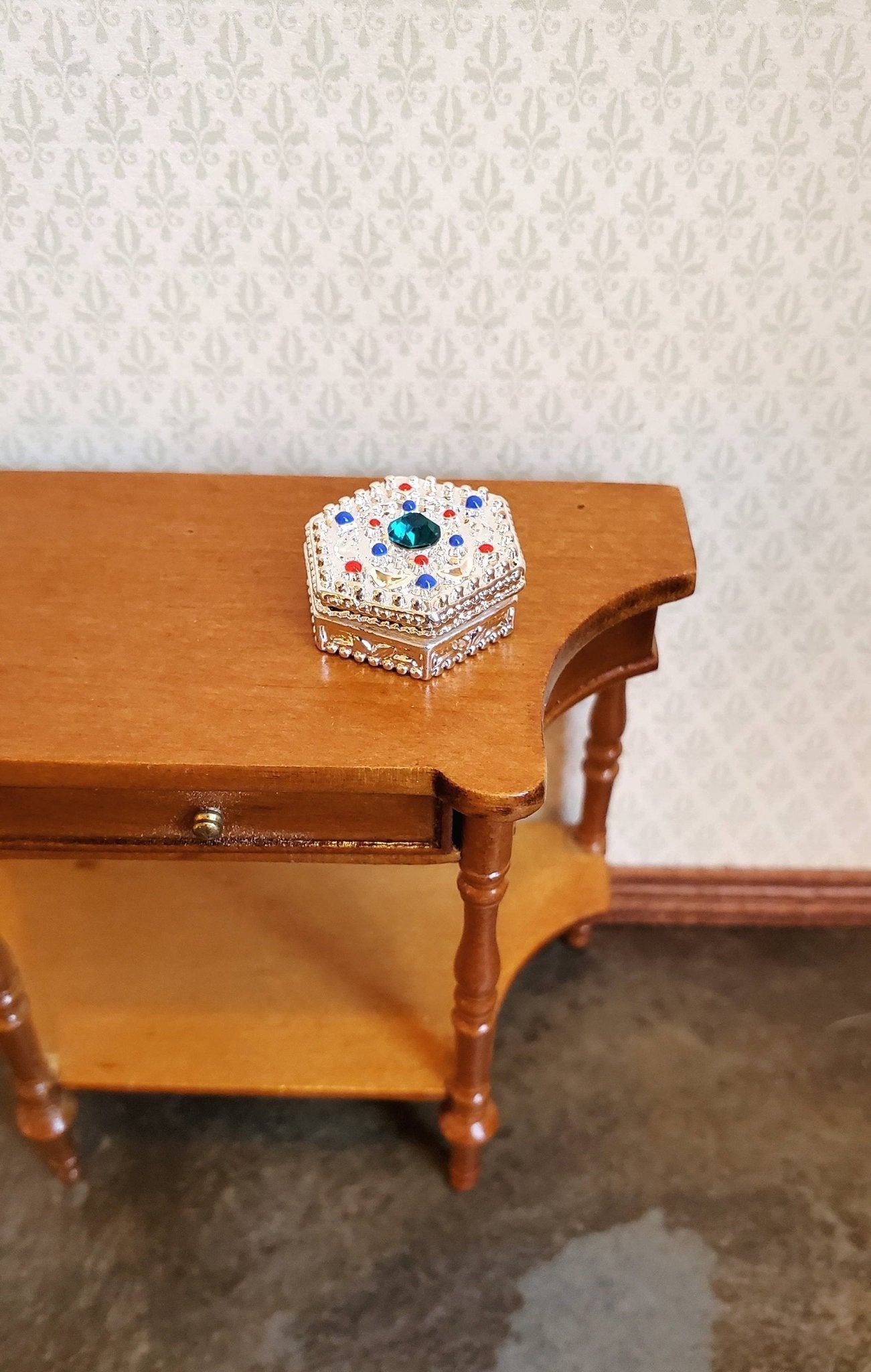 Dollhouse Miniature Jewelry Box with Jewels Large Silver with Opening Lid 1:12 Scale - Miniature Crush