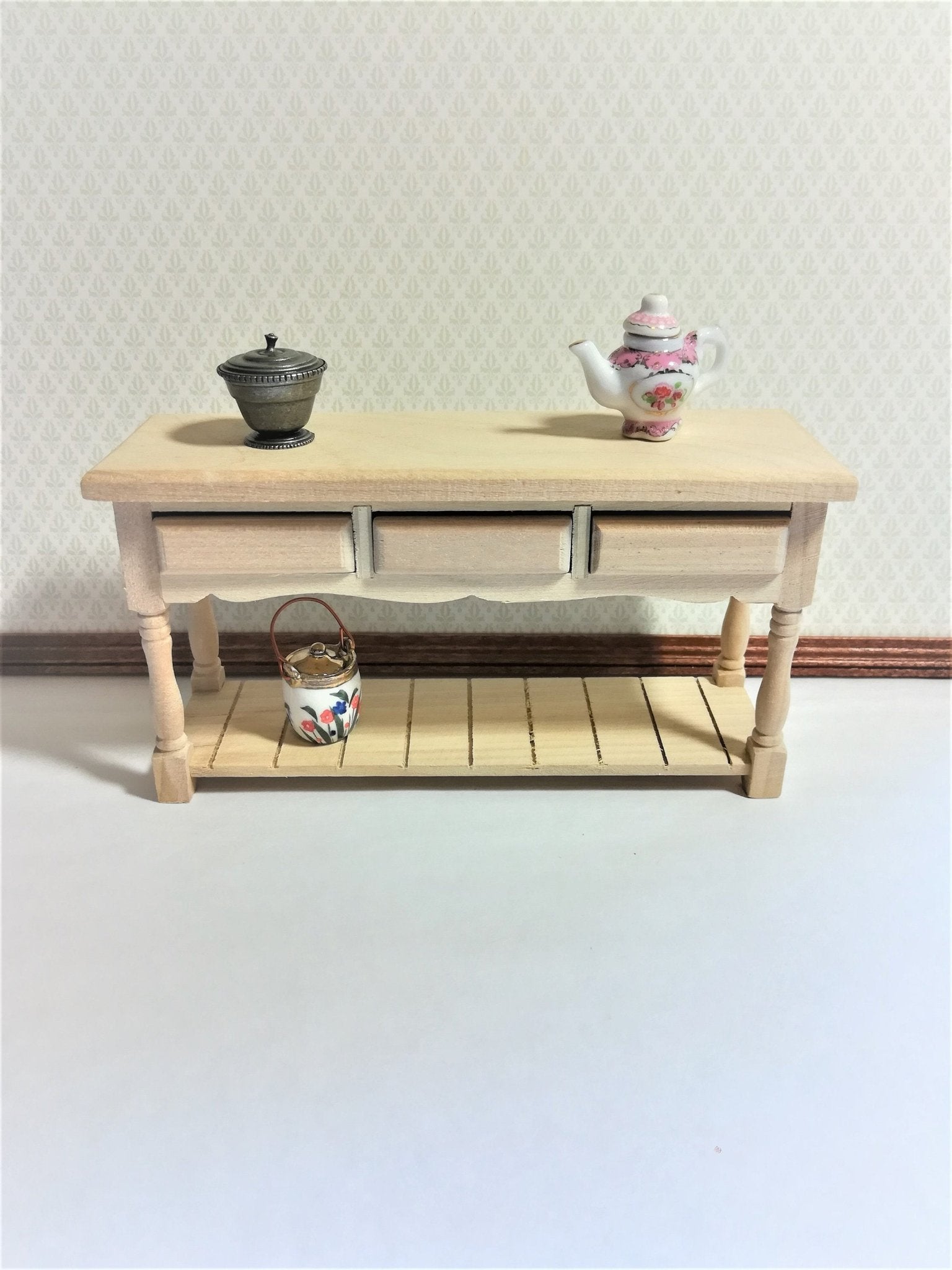 Dollhouse Miniature Kitchen Side Board Buffet with Pot Shelf Unfinished 1:12 Scale - Miniature Crush