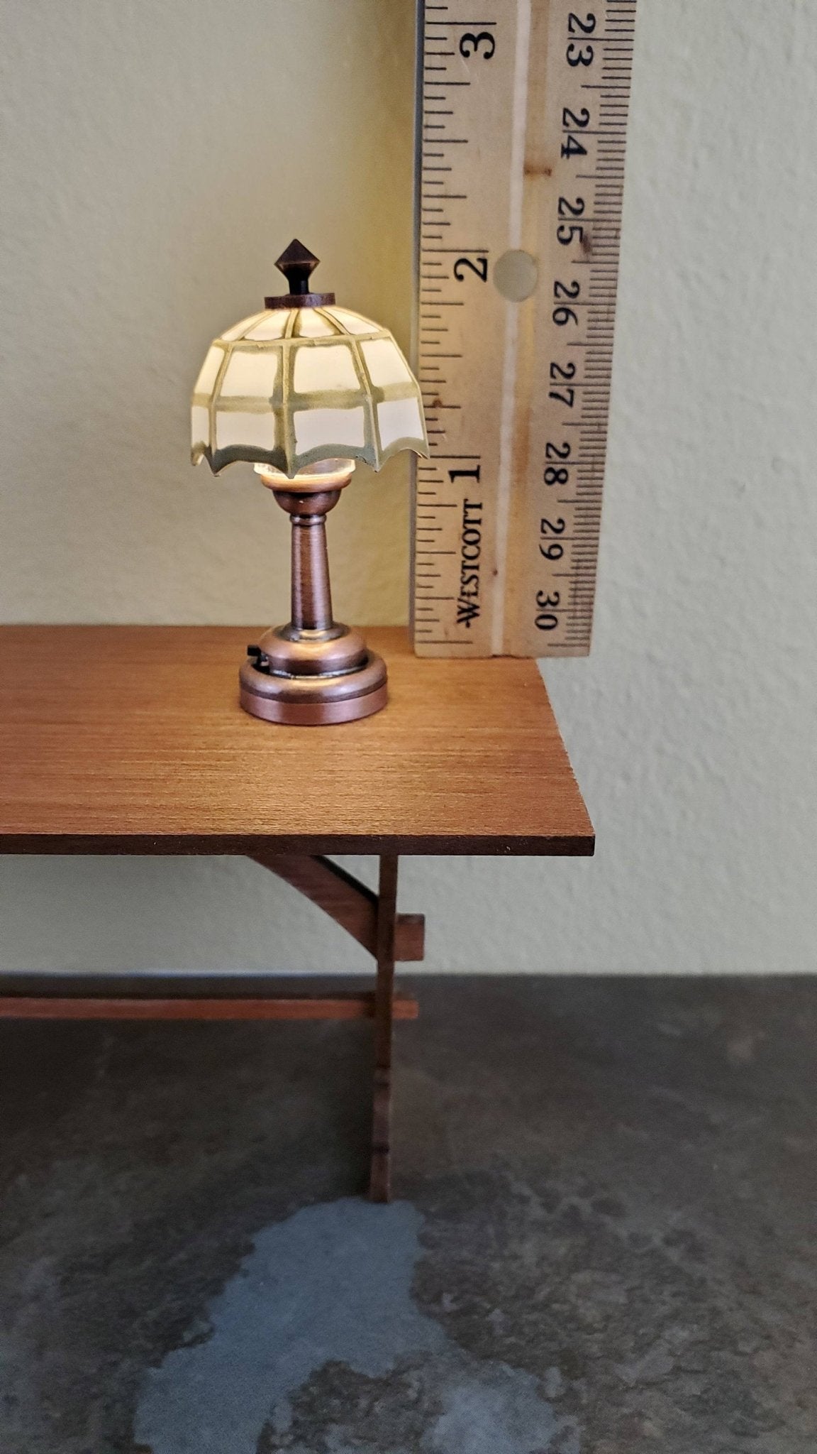 Dollhouse Miniature LED Battery Light Table Lamp White & Bronze Gold 1:12 Scale - Miniature Crush
