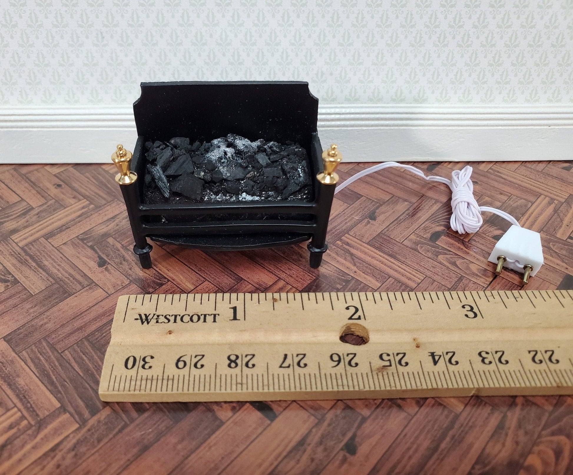Dollhouse Miniature Lit Fire Basket Fireplace Insert Coals 1:12 Scale 12 Volt with Plug - Miniature Crush