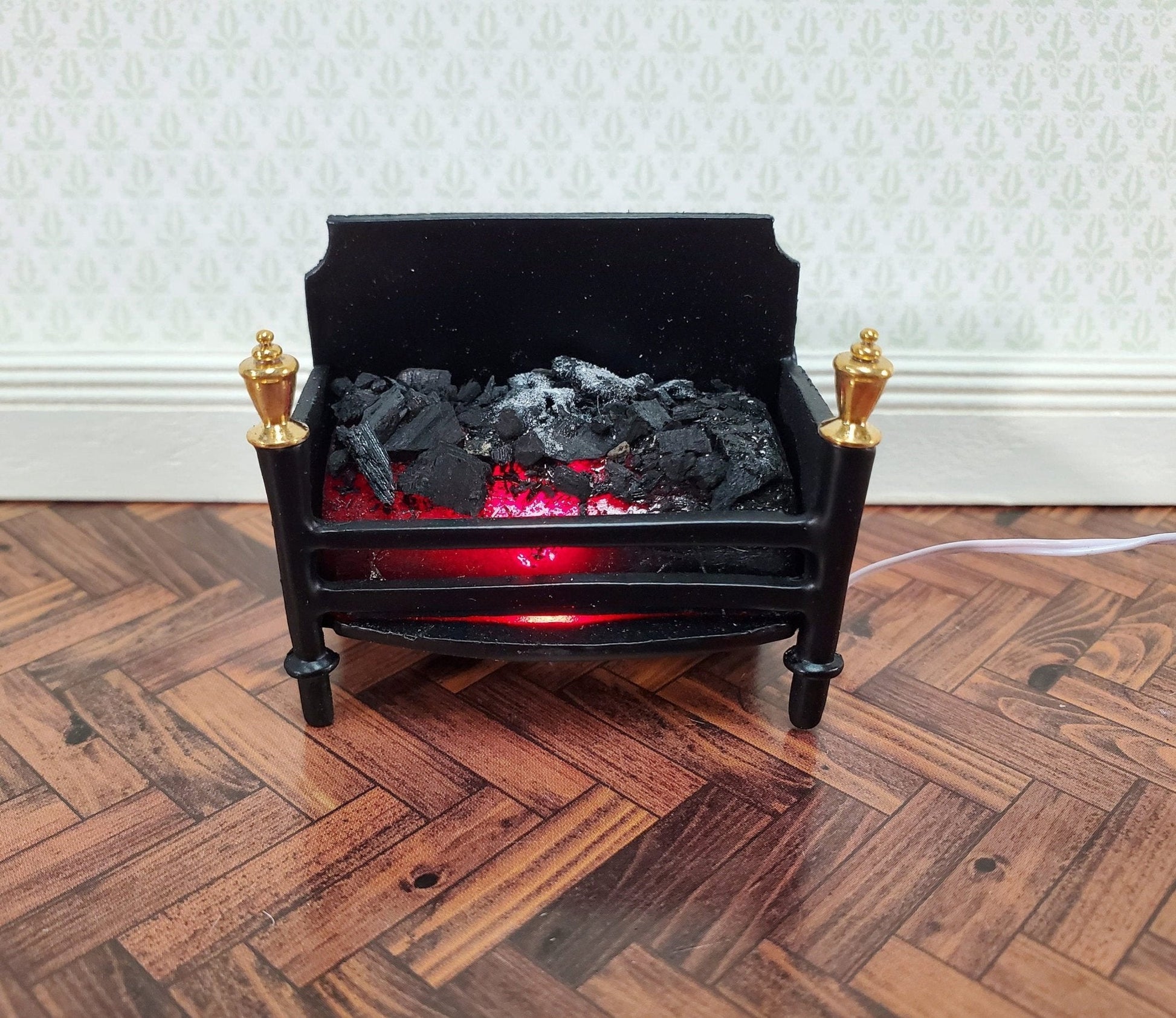 Dollhouse Miniature Lit Fire Basket Fireplace Insert Coals 1:12 Scale 12 Volt with Plug - Miniature Crush