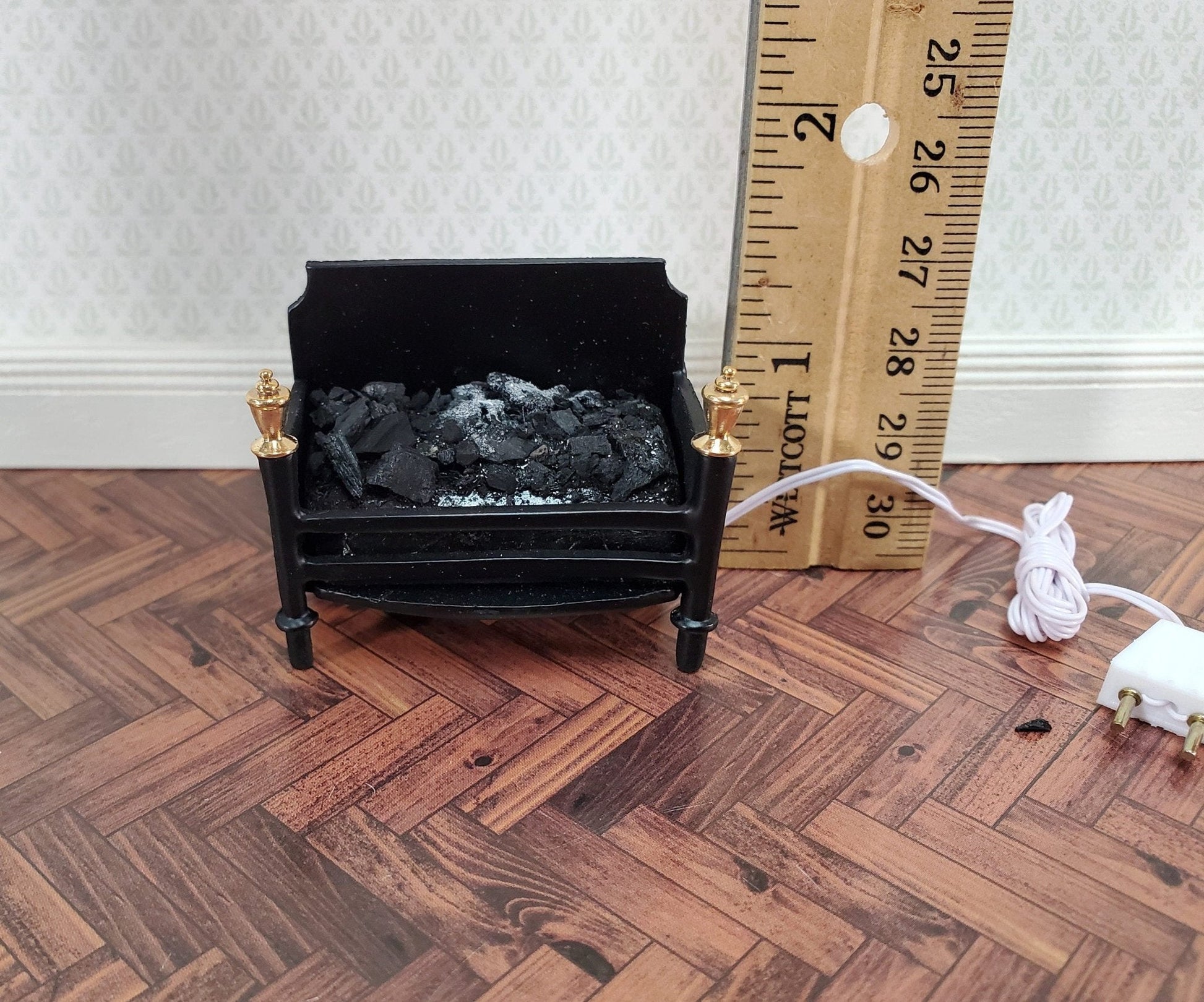 Dollhouse Miniature Lit Fire Basket Fireplace Insert Coals 1:12 Scale 12 Volt with Plug - Miniature Crush