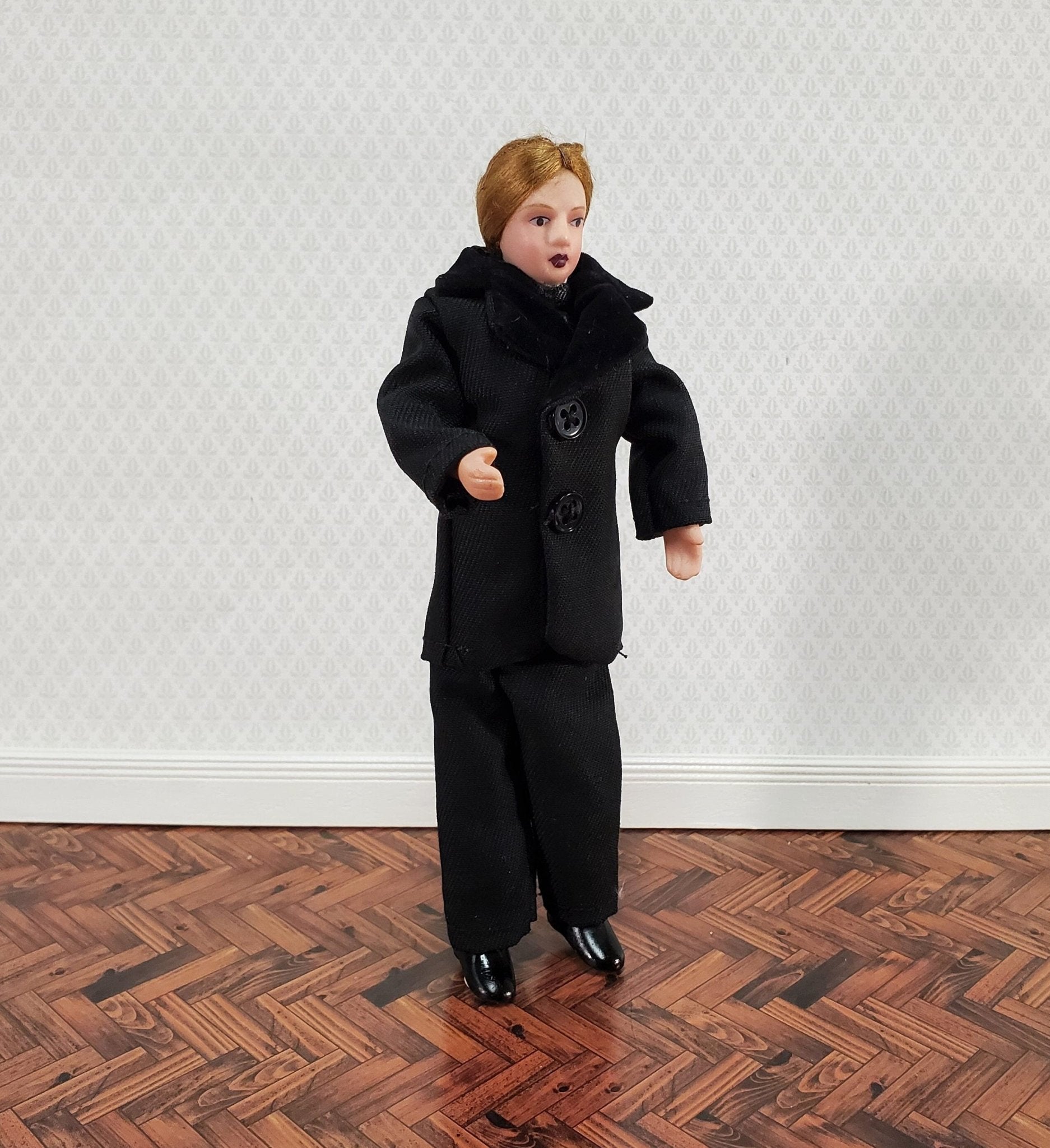 Dollhouse Miniature Man in Black Suit Doll Porcelain Dad Father 1:12 Scale - Miniature Crush