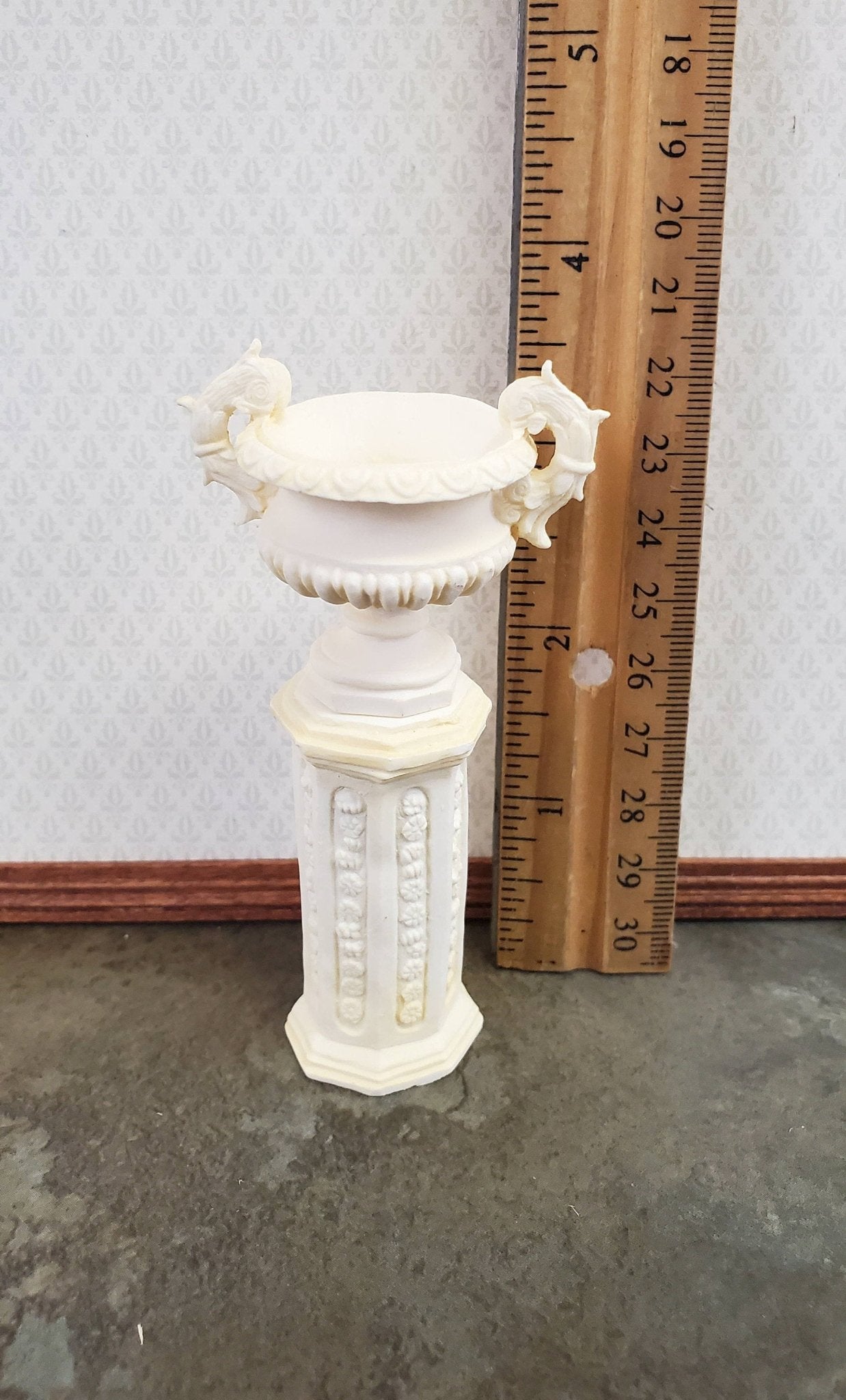 Dollhouse Miniature Pedestal Plant Stand w/ 2 Handled Urn Cast Resin 1:12 Scale Ivory - Miniature Crush
