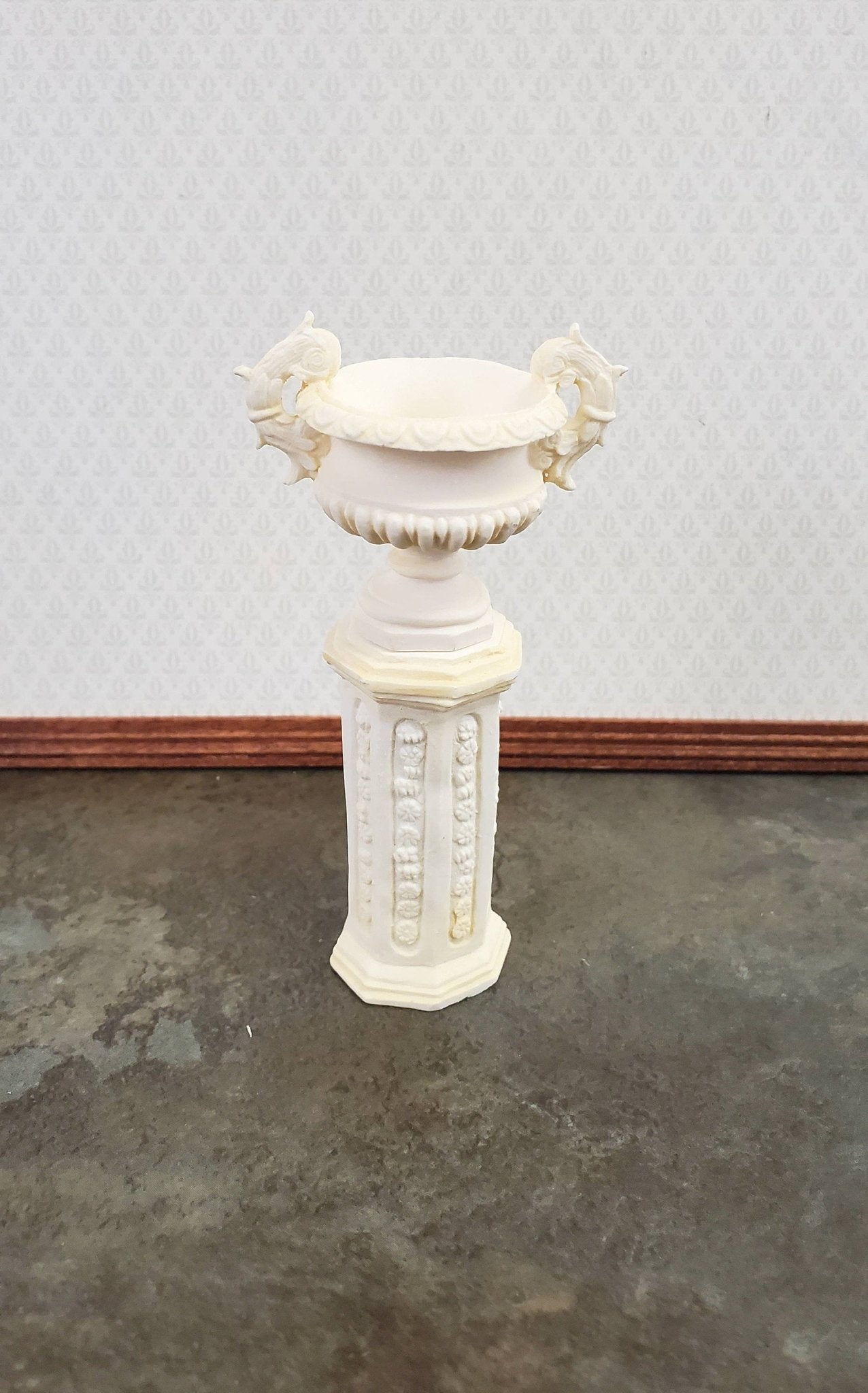 Dollhouse Miniature Pedestal Plant Stand w/ 2 Handled Urn Cast Resin 1:12 Scale Ivory - Miniature Crush