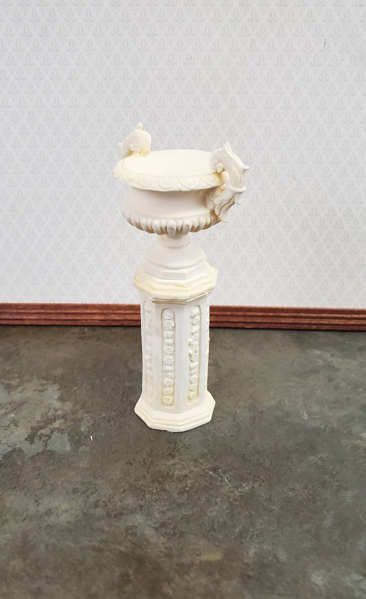 Dollhouse Miniature Pedestal Plant Stand w/ 2 Handled Urn Cast Resin 1:12 Scale Ivory - Miniature Crush