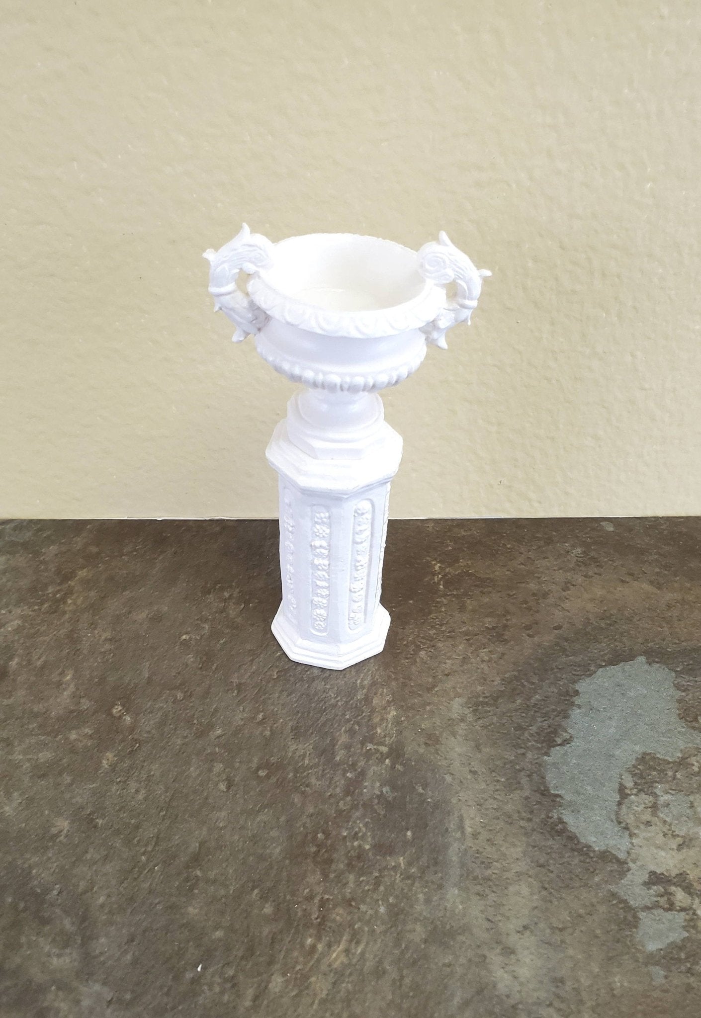 Dollhouse Miniature Pedestal Plant Stand w/ 2 Handled Urn Cast Resin 1:12 Scale White - Miniature Crush