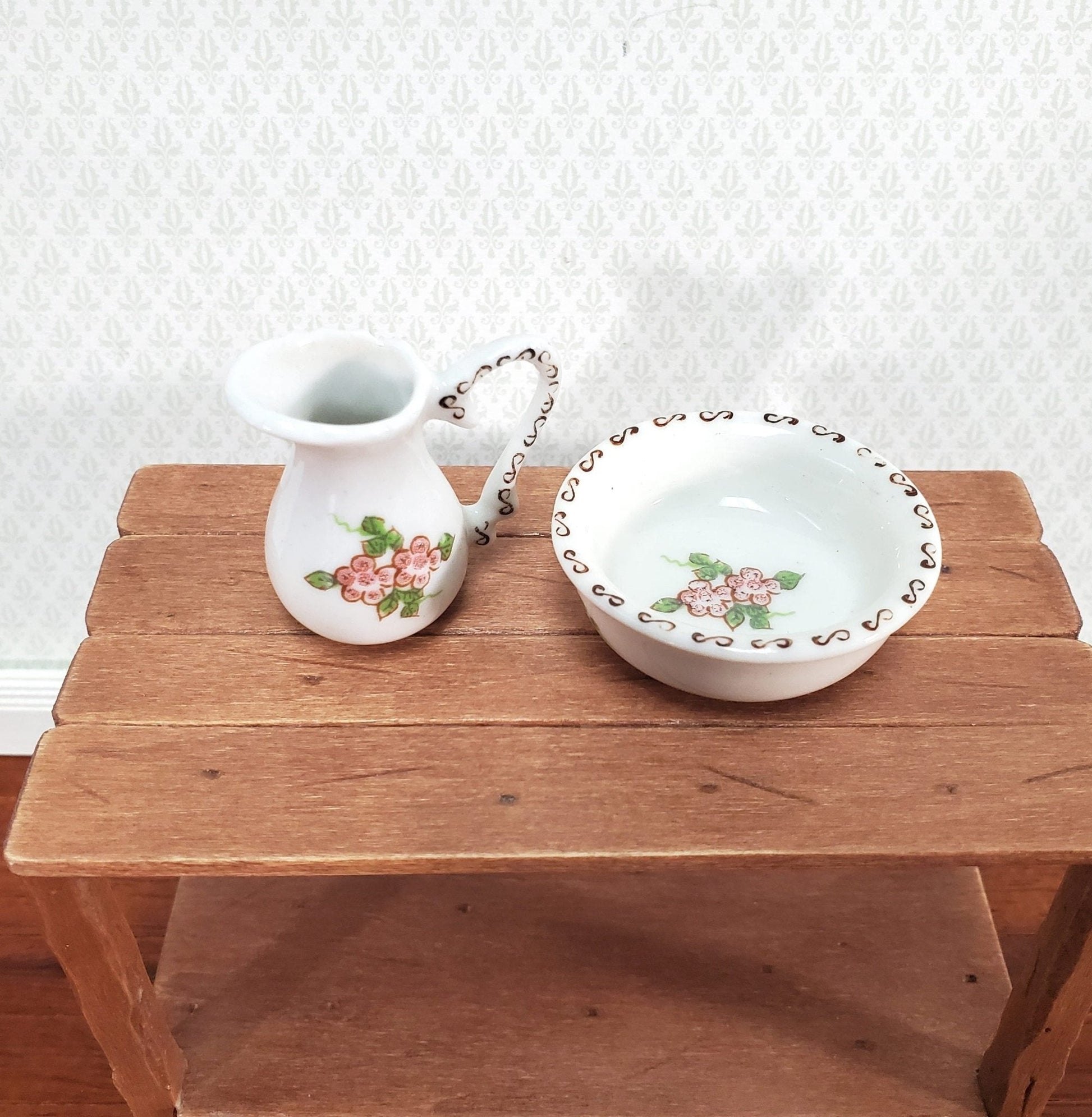 Dollhouse Miniature Pitcher with Handle and Bowl Wash Basin LARGE Ceramic - Miniature Crush