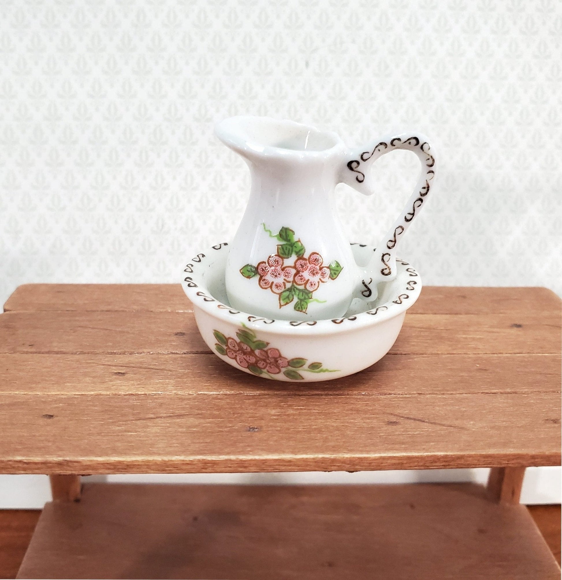 Dollhouse Miniature Pitcher with Handle and Bowl Wash Basin LARGE Ceramic - Miniature Crush