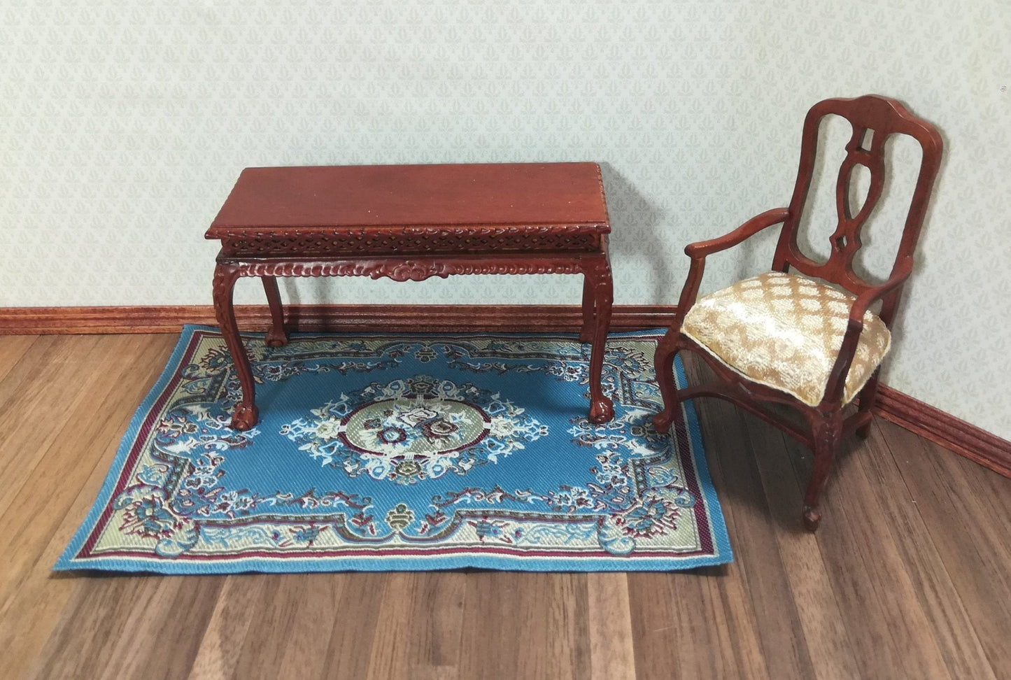 Dollhouse Miniature Rug Blue & Maroon Victorian 5 5/8" x 4" 1:12 Scale Woven Fabric - Miniature Crush