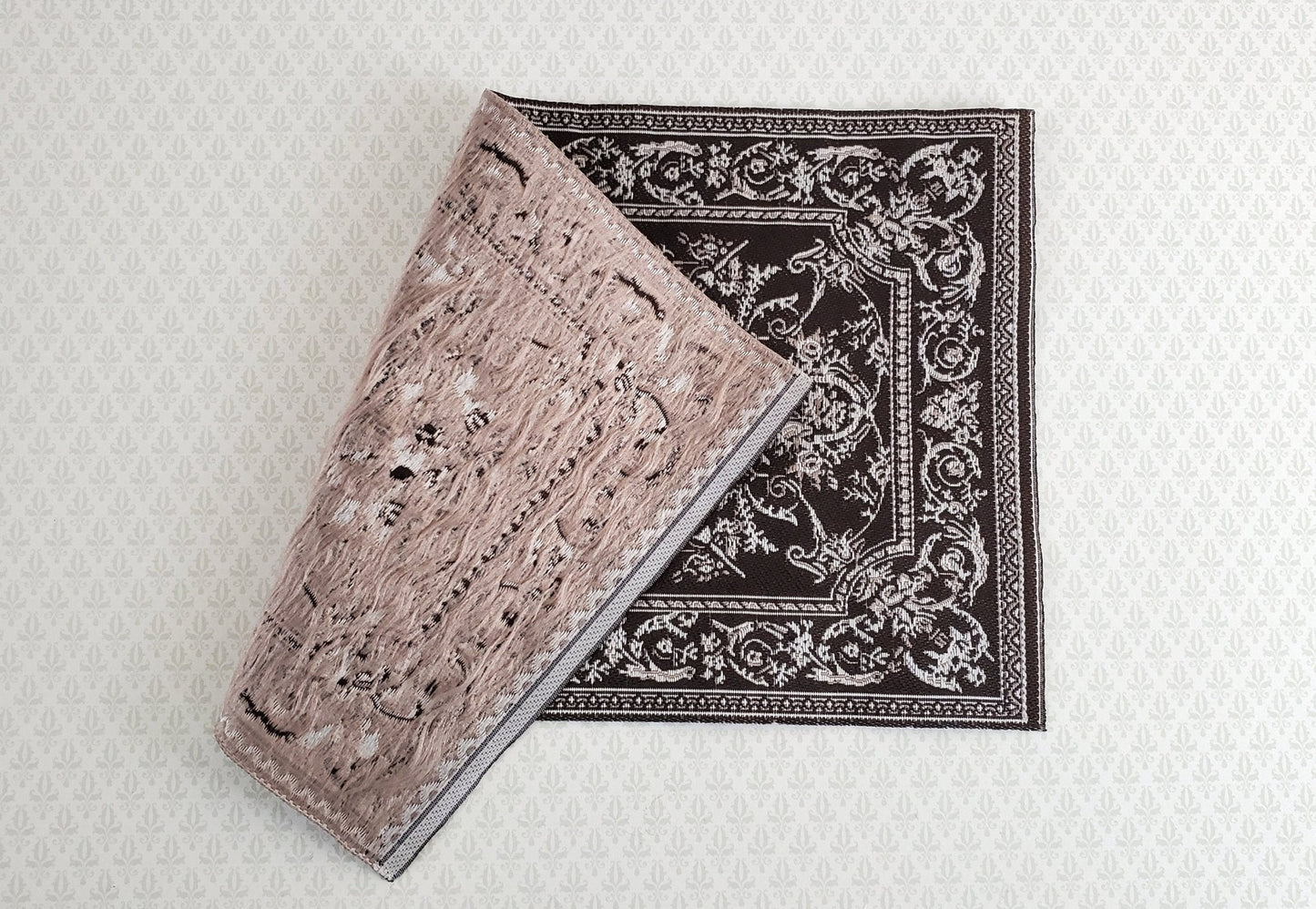 Dollhouse Miniature Rug Brown White Georgian Style Medium Size Woven Fabric 1:12 Scale - Miniature Crush