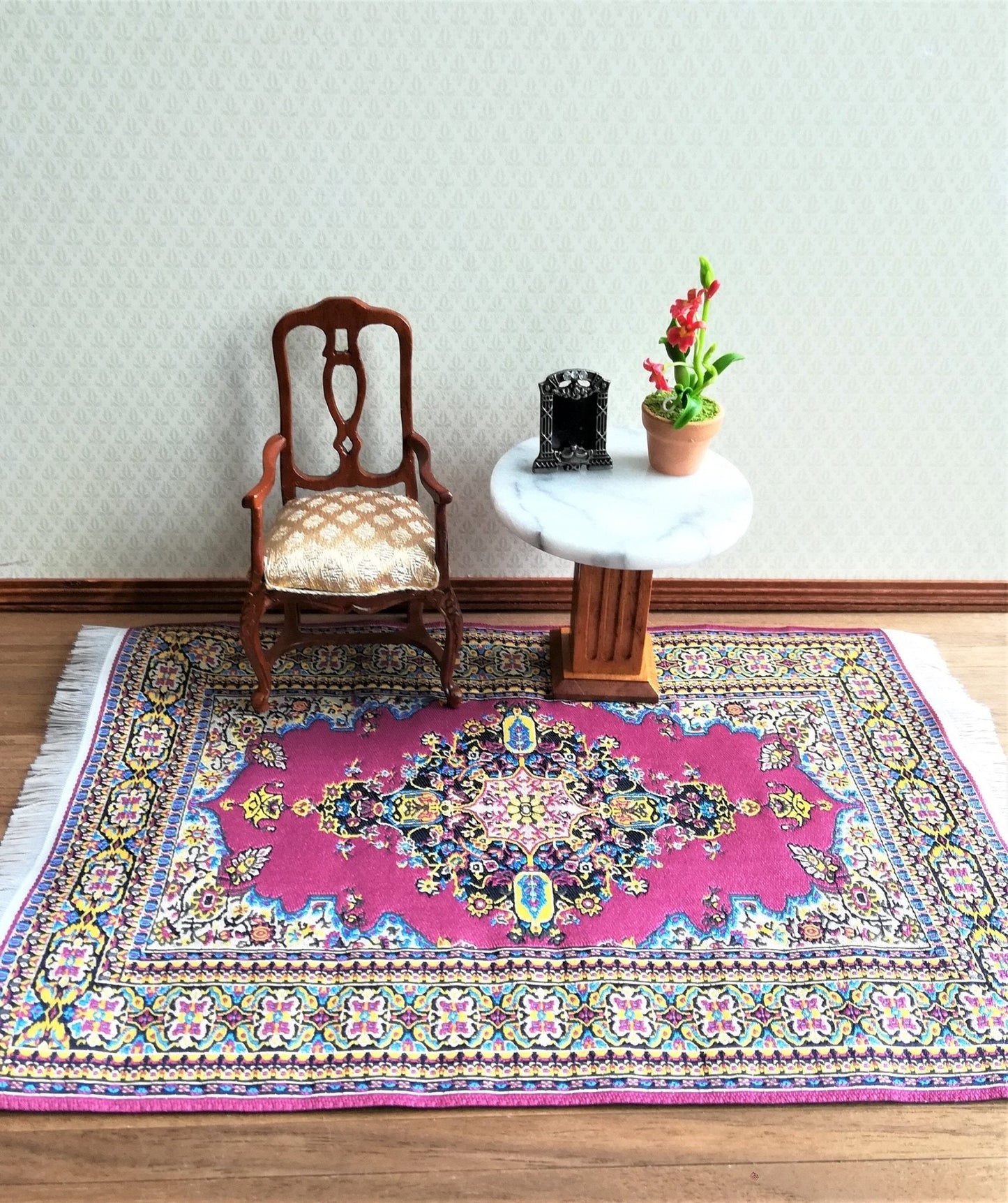 Dollhouse Miniature Rug Burgundy & Gold Carpet with Fringe 1:12 Scale 9.25" x 6" - Miniature Crush
