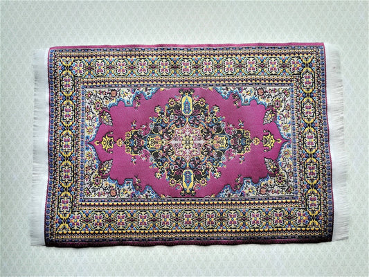 Dollhouse Miniature Rug Burgundy & Gold Carpet with Fringe 1:12 Scale 9.25" x 6" - Miniature Crush