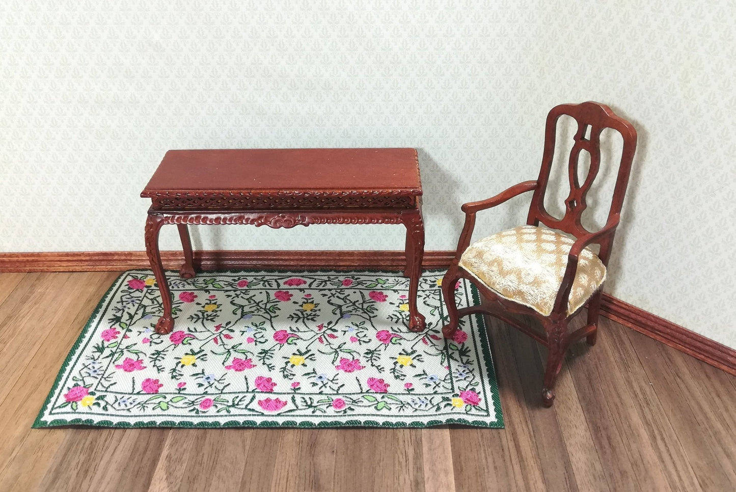Dollhouse Miniature Rug Floral and Ivy 6 1/2" x 3 7/8" 1:12 Scale Green Cream Pink Yellow - Miniature Crush