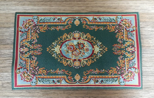 Dollhouse Miniature Rug Green Blue Maroon 5 5/8" x 4" Woven Fabric 1:12 Scale - Miniature Crush