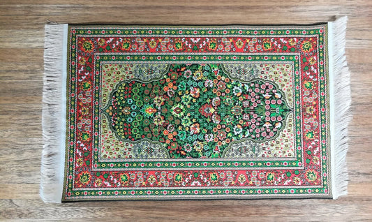 Dollhouse Miniature Rug Large Green Red Gold 9" x 6" with Fringe 1:12 Scale - Miniature Crush