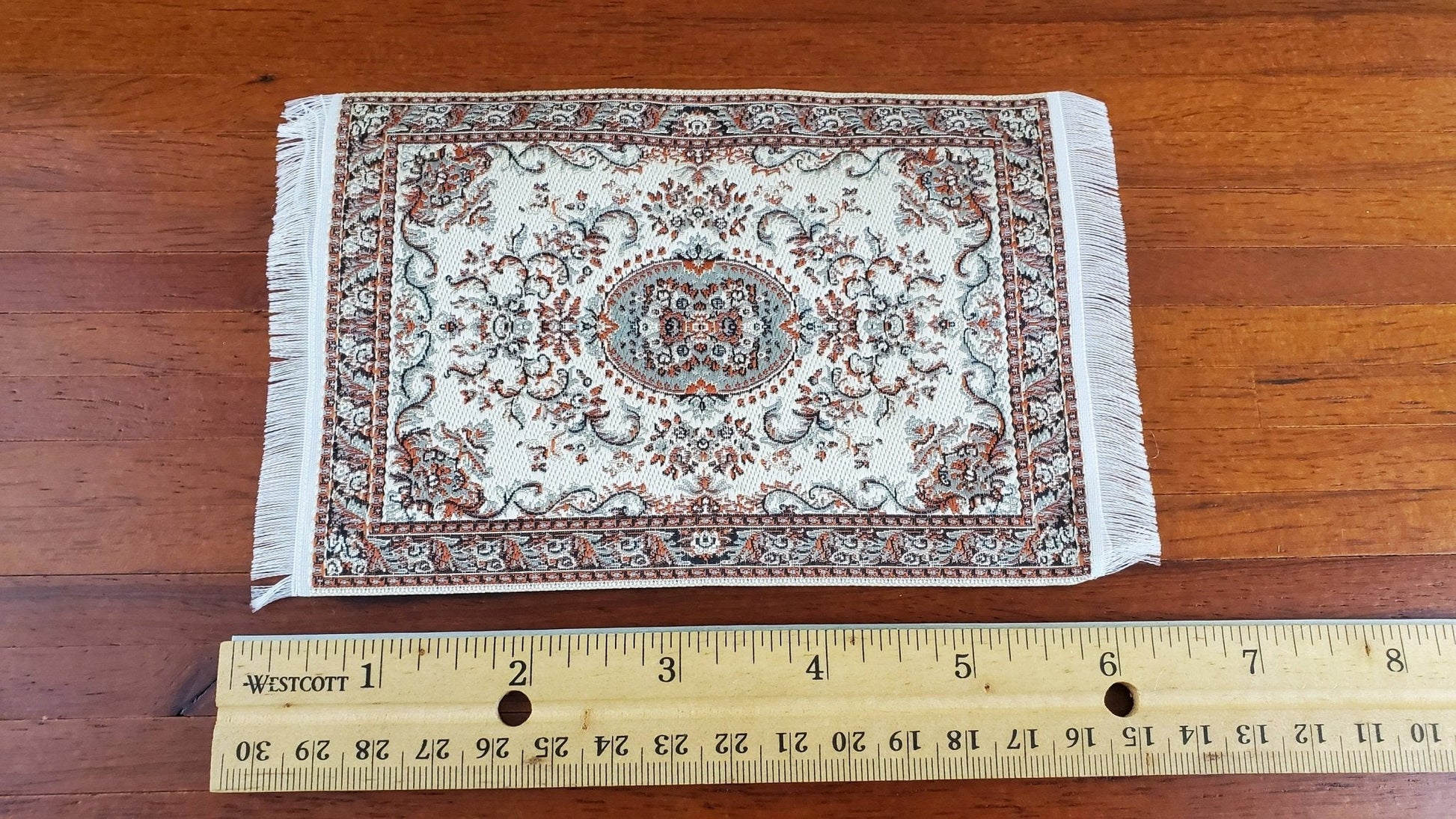 Dollhouse Miniature Rug Small Beige 6 1/4" x 3 3/4" with Fringe 1:12 Scale - Miniature Crush