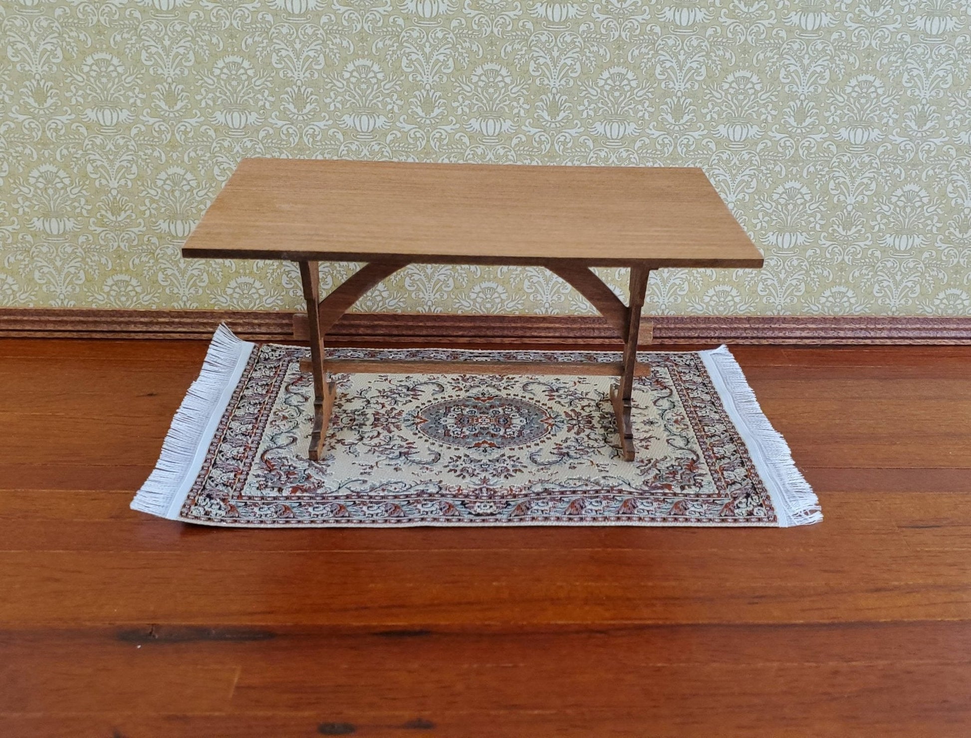 Dollhouse Miniature Rug Small Beige 6 1/4" x 3 3/4" with Fringe 1:12 Scale - Miniature Crush