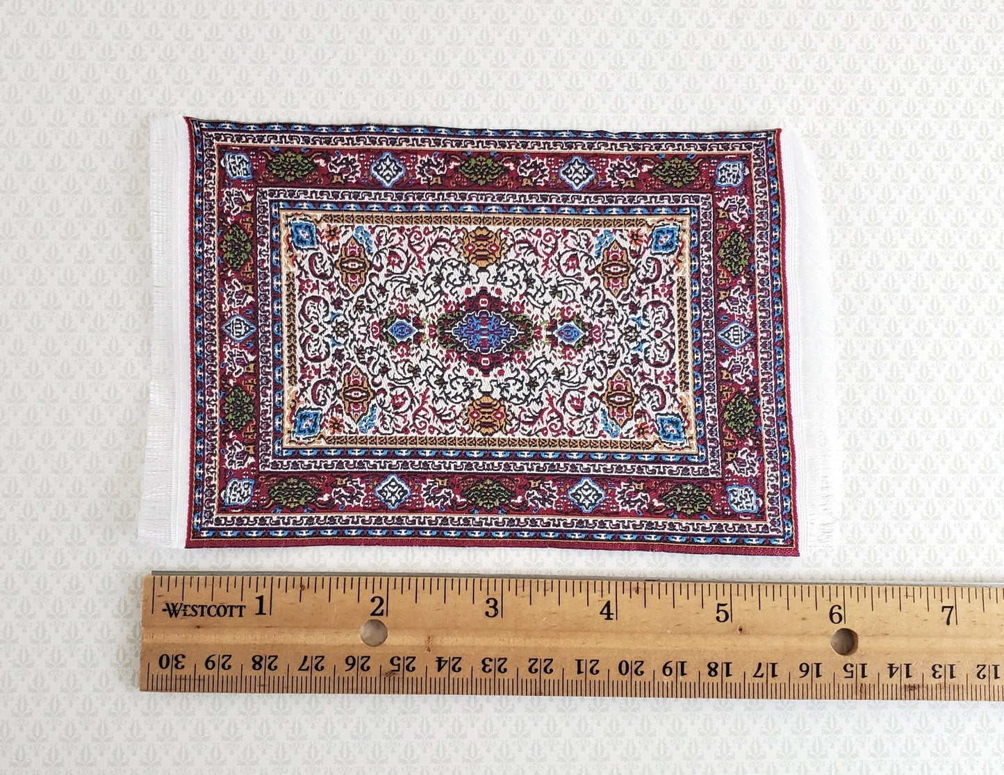 Dollhouse Miniature Rug Small Maroon 6 1/4" x 3 3/4" with Fringe 1:12 Scale - Miniature Crush
