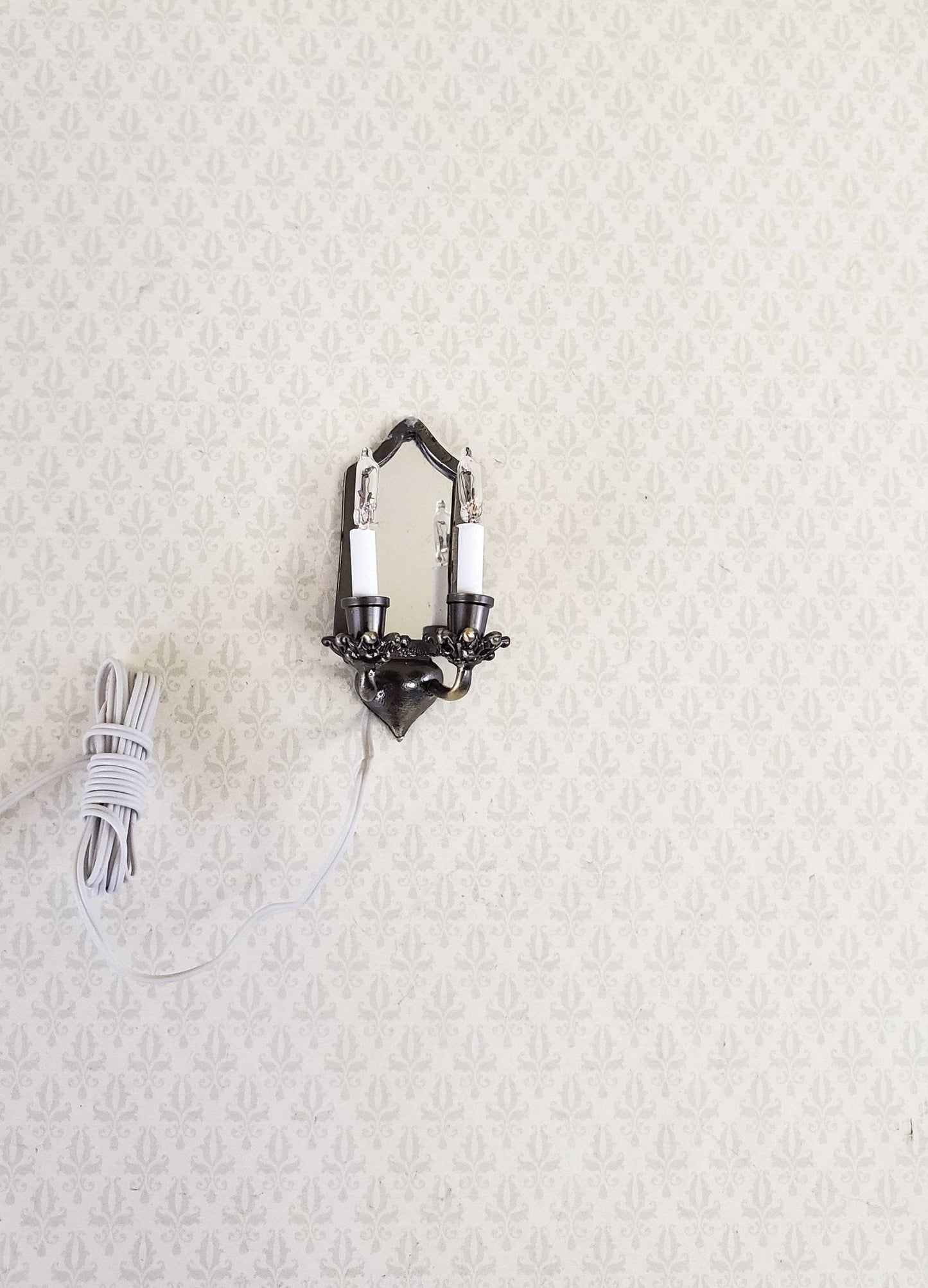 Dollhouse Miniature Sconce Double Candle with Mirror Bronze 12 Volt 1:12 Tudor Victorian - Miniature Crush