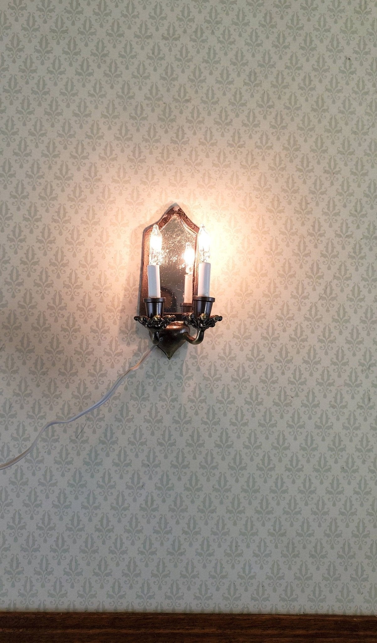 Dollhouse Miniature Sconce Double Candle with Mirror Bronze 12 Volt 1:12 Tudor Victorian - Miniature Crush