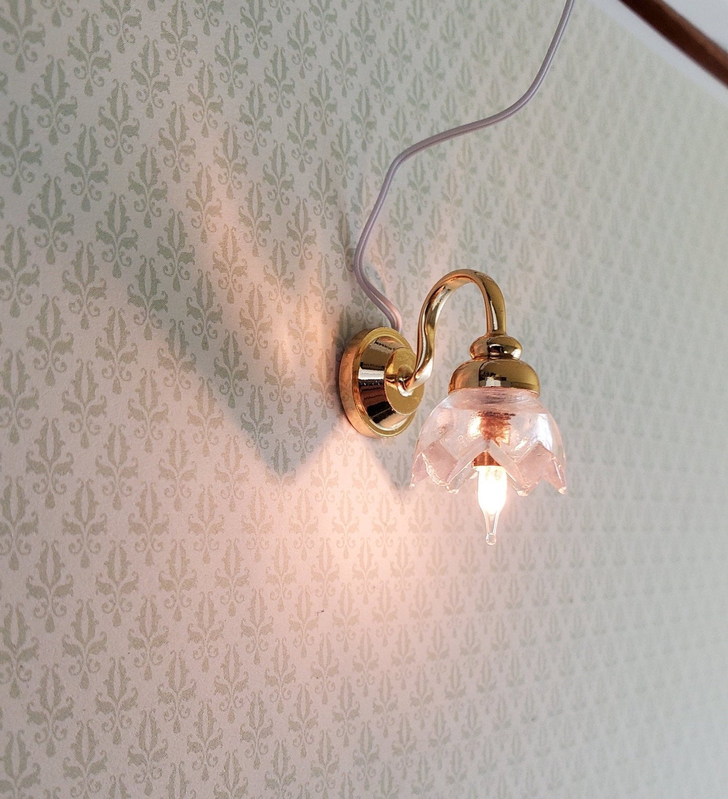 Dollhouse Miniature Sconce Lily Flower Shade Gold 12 Volt 1:12 Wall Light - Miniature Crush