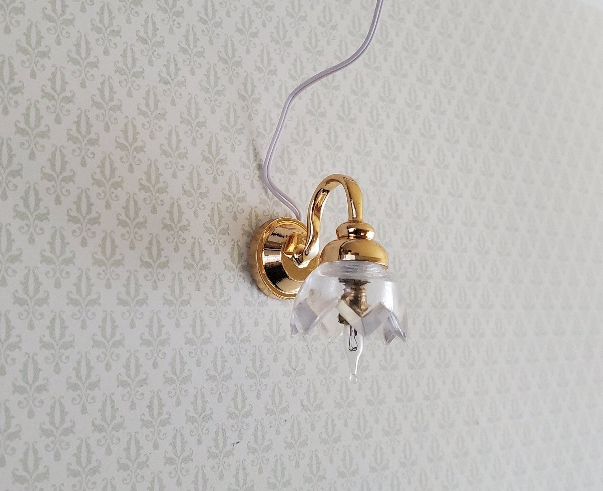 Dollhouse Miniature Sconce Lily Flower Shade Gold 12 Volt 1:12 Wall Light - Miniature Crush
