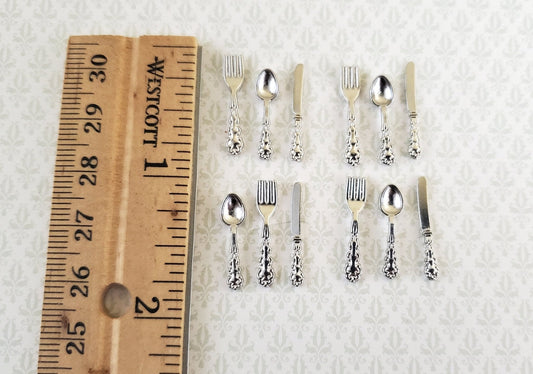 Dollhouse Miniature Silver Flatware Silverware Fancy Set 4 Place Settings 1:12 Scale - Miniature Crush