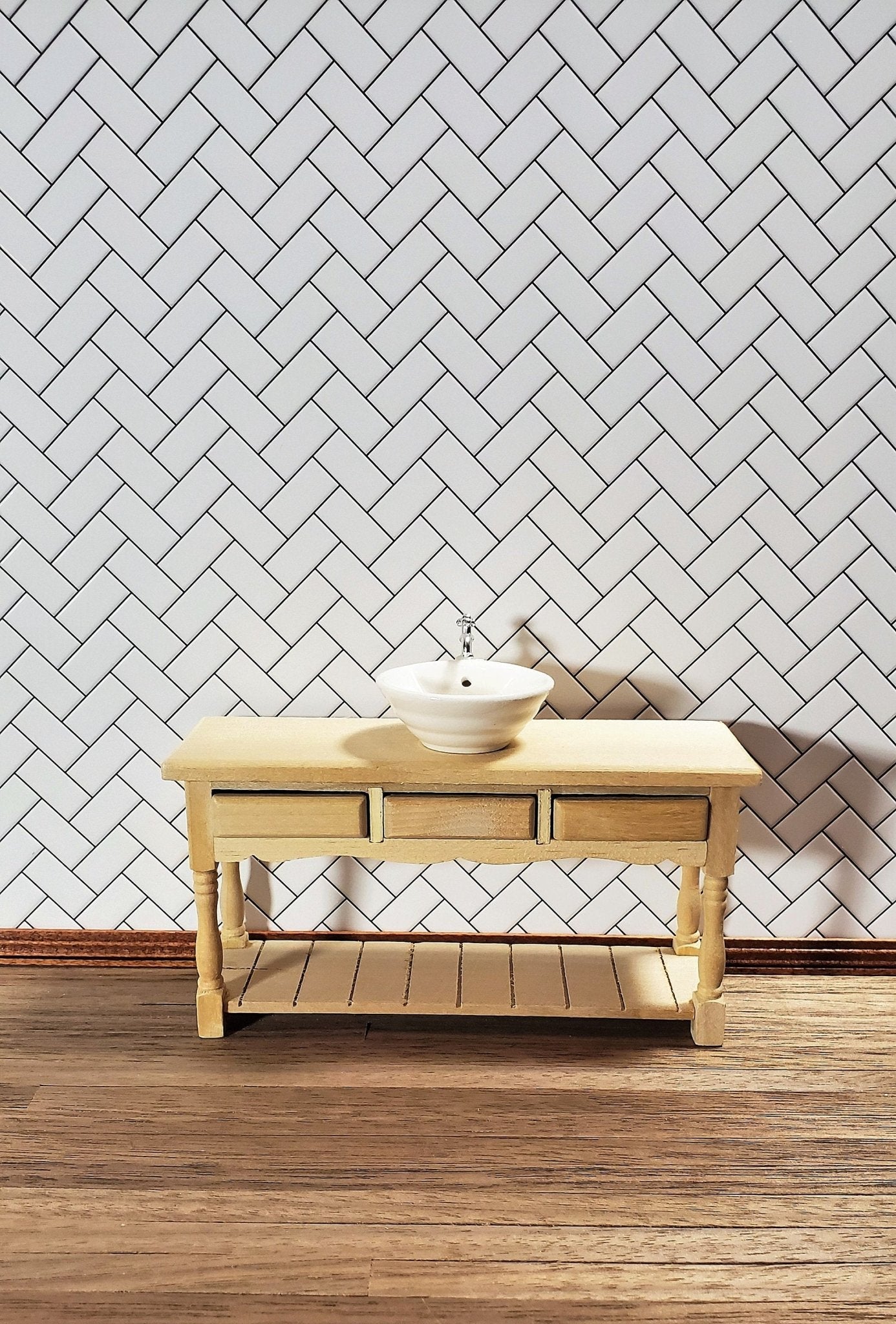 Dollhouse Miniature Subway Tile Herringbone White Embossed Glossy Card 1:12 Scale Dark Grout - Miniature Crush