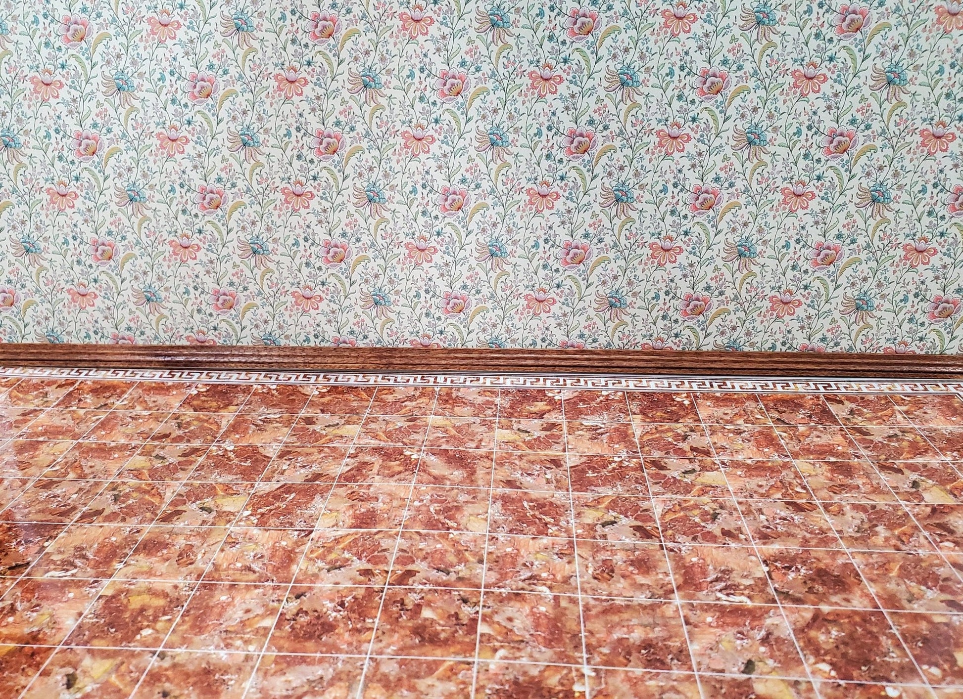 Dollhouse Miniature Tile Floor Marble Dark Rusty Pink with Border 1:12 Scale - Miniature Crush