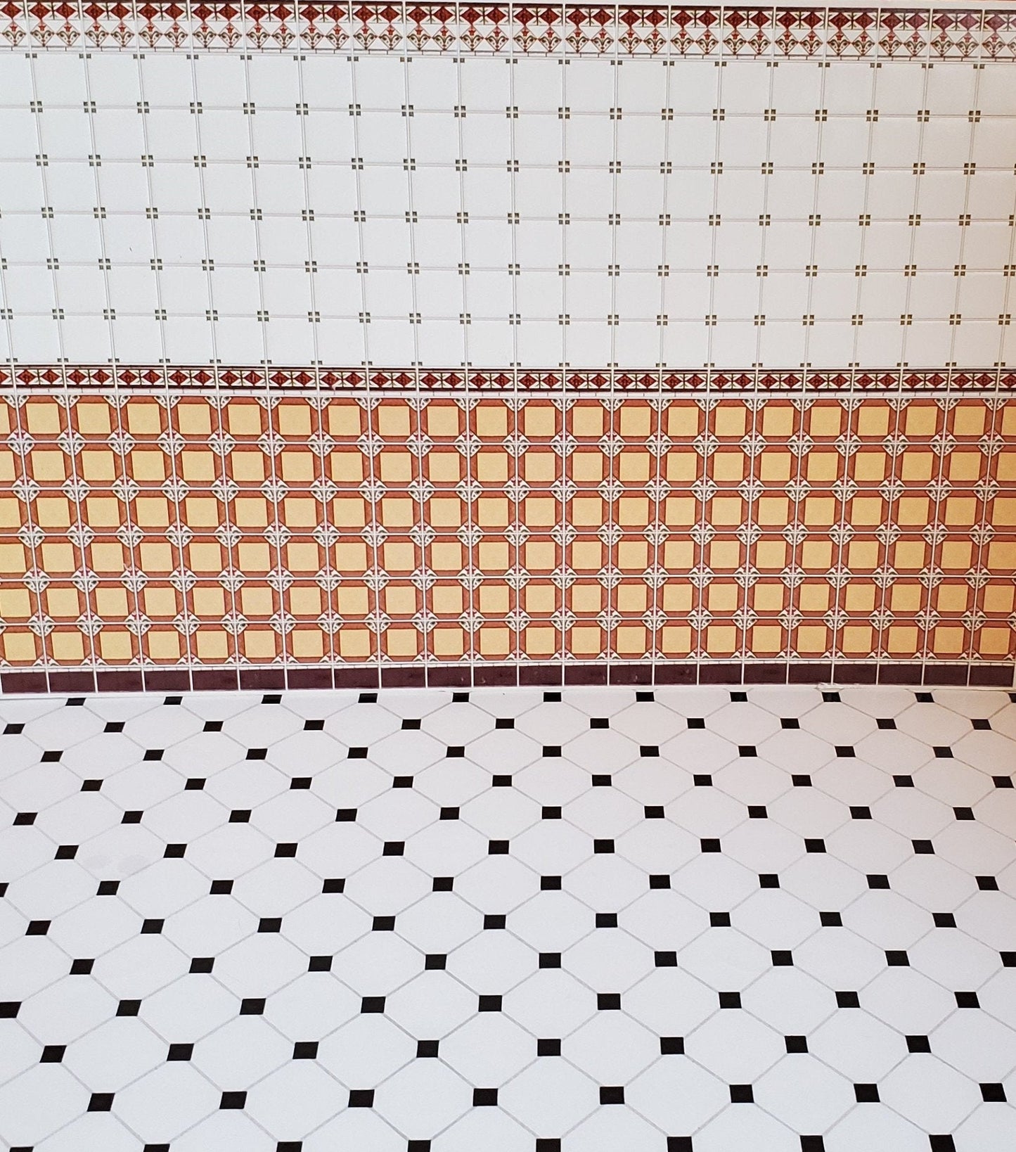 Dollhouse Miniature Tile Floor White with Black Diamonds Glossy Sheet 1:12 Scale - Miniature Crush