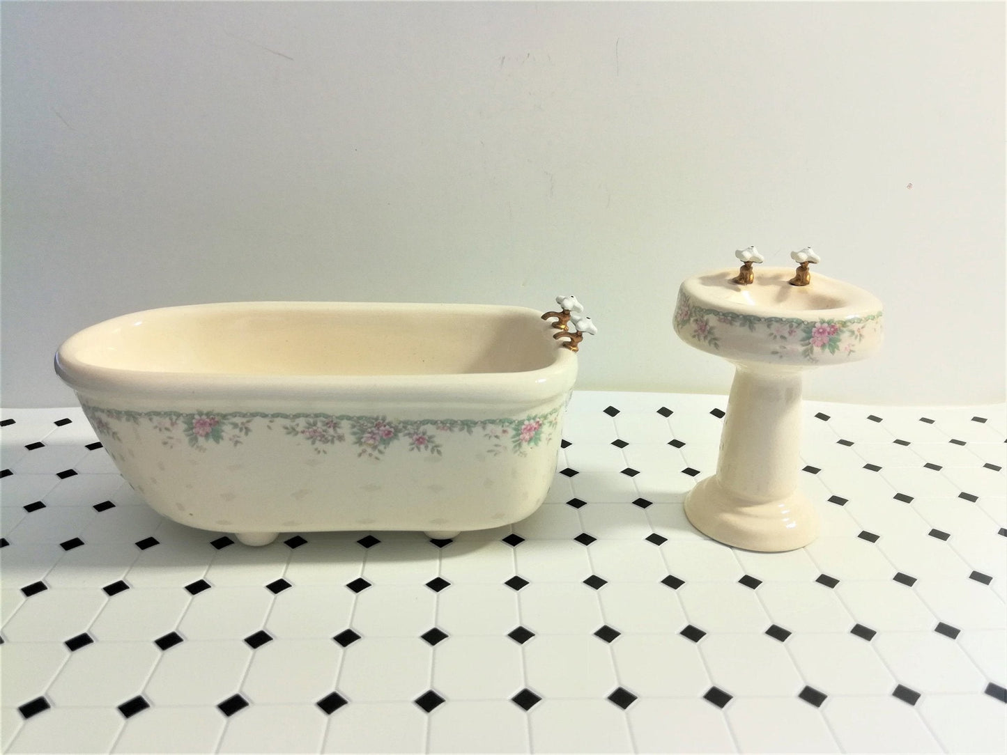 Dollhouse Miniature Tile Flooring White with Black Diamonds Embossed 1:12 Scale for Kitchen or Bathroom - Miniature Crush