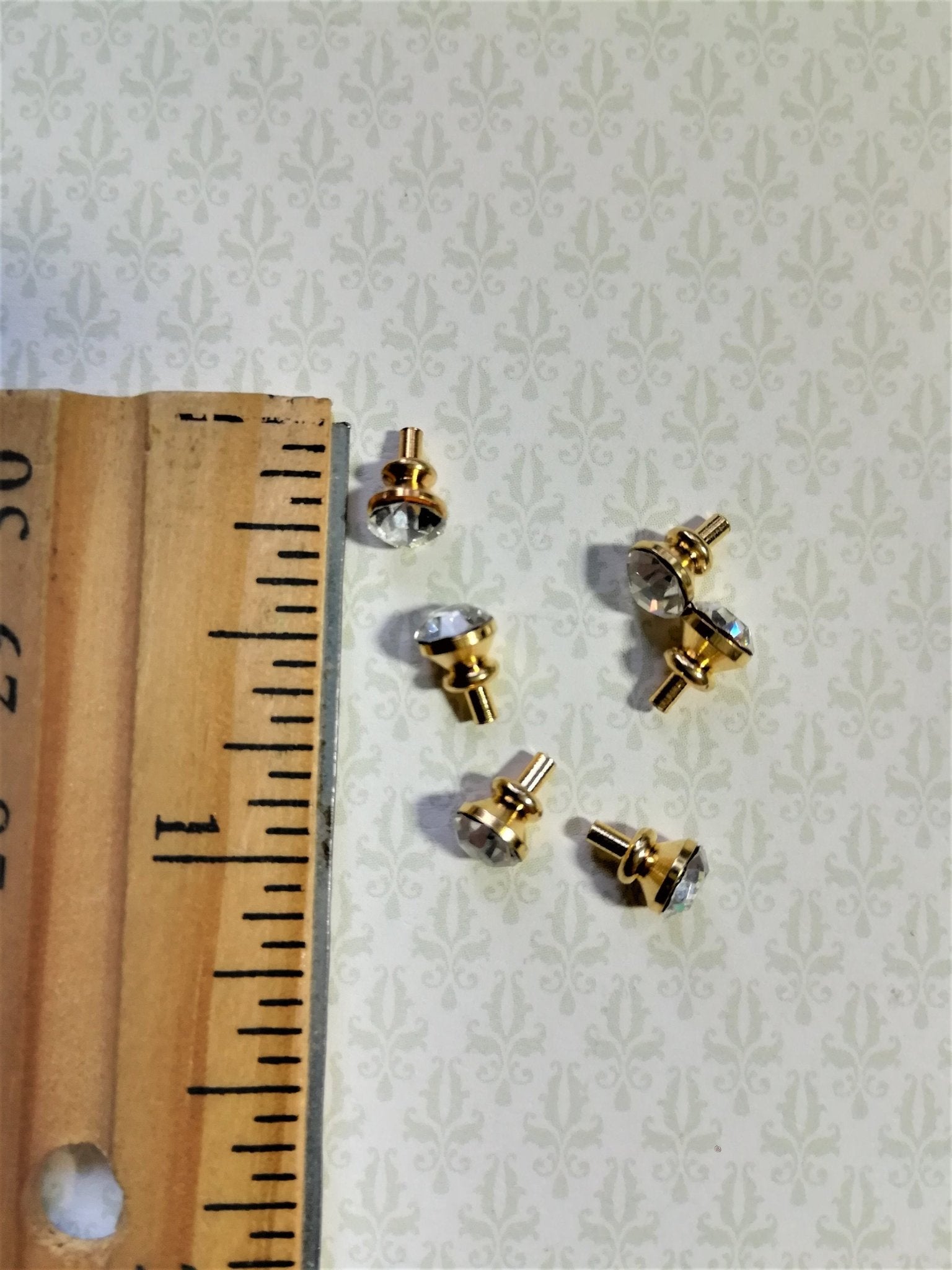 Dollhouse Miniature Tiny Crystal & Gold Door Knobs or Drawer Pulls Set of 6 1:12 Scale or Fairy Garden - Miniature Crush