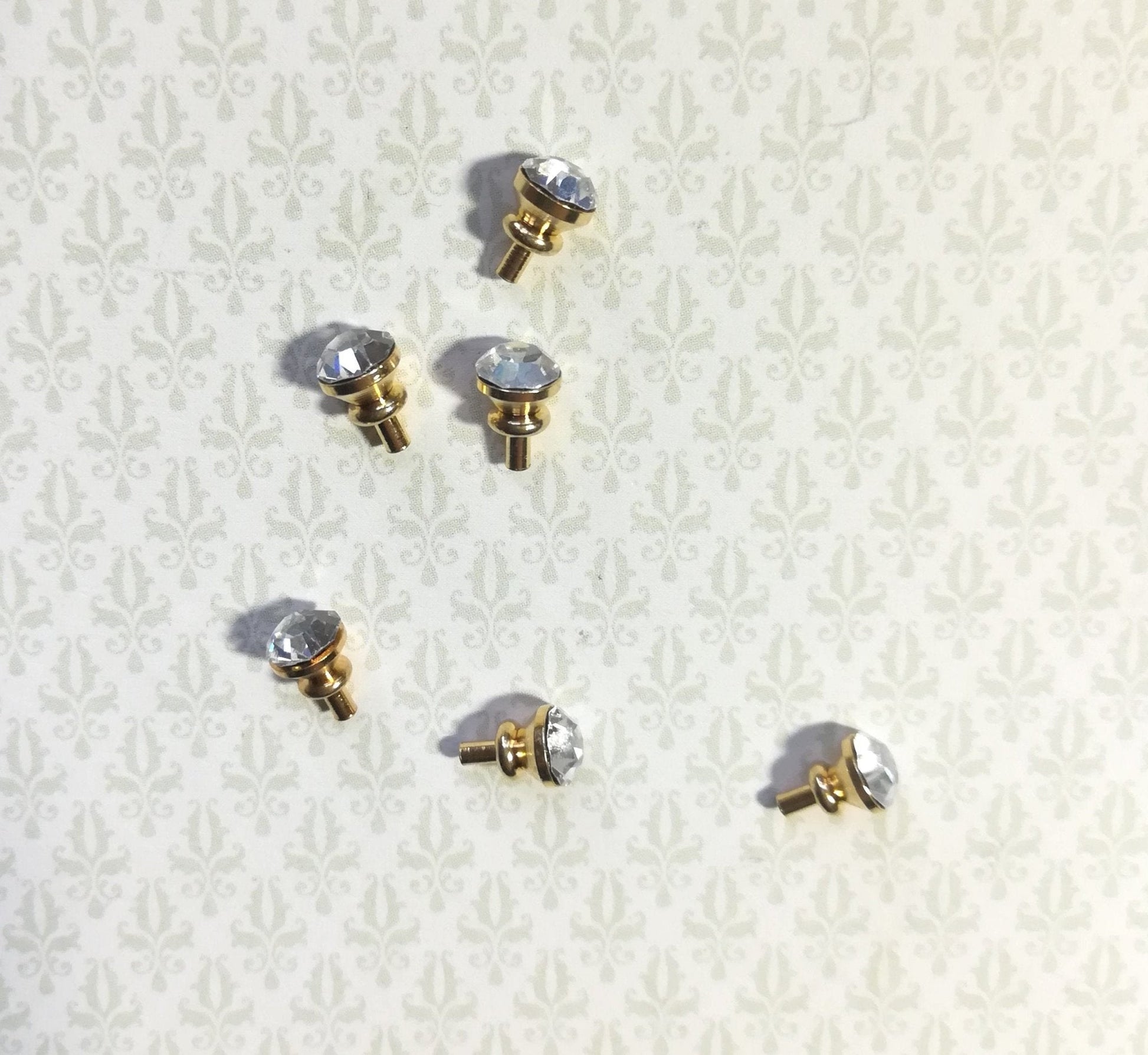 Dollhouse Miniature Tiny Crystal & Gold Door Knobs or Drawer Pulls Set of 6 1:12 Scale or Fairy Garden - Miniature Crush