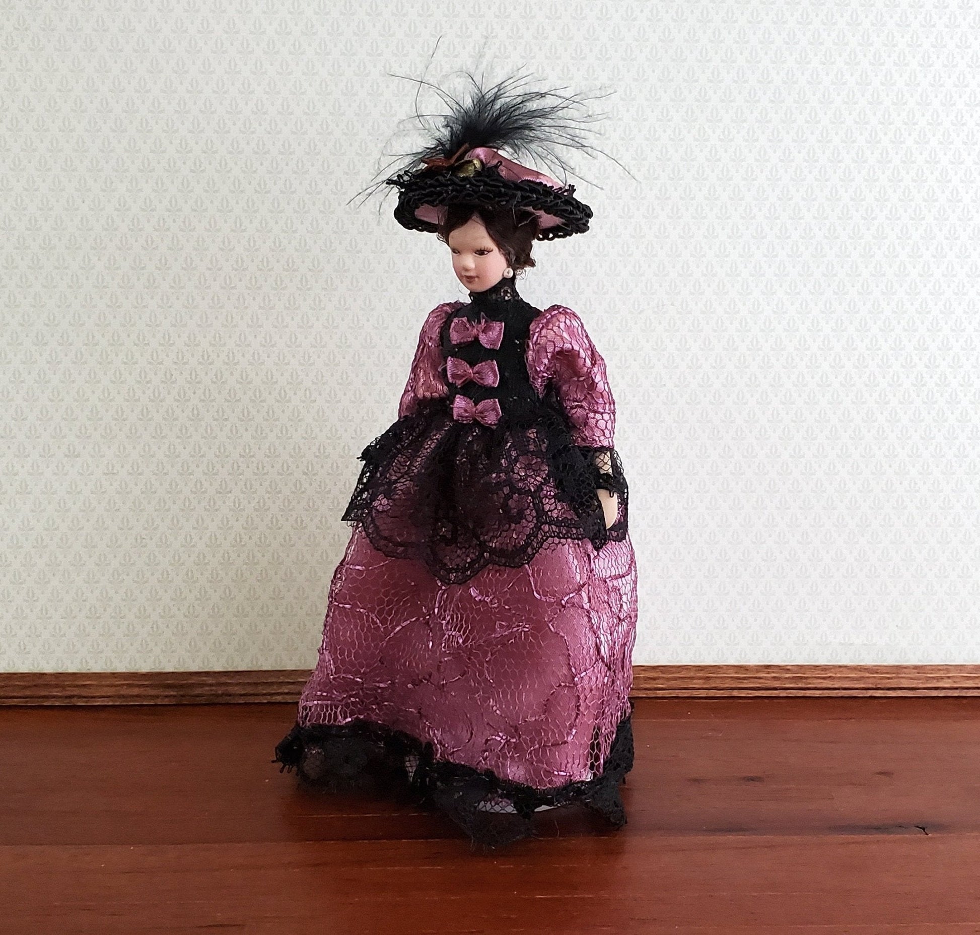 Dollhouse Miniature Victorian Doll Porcelain Fancy Lavender Lacy Dress and Hat 1:12 Scale - Miniature Crush