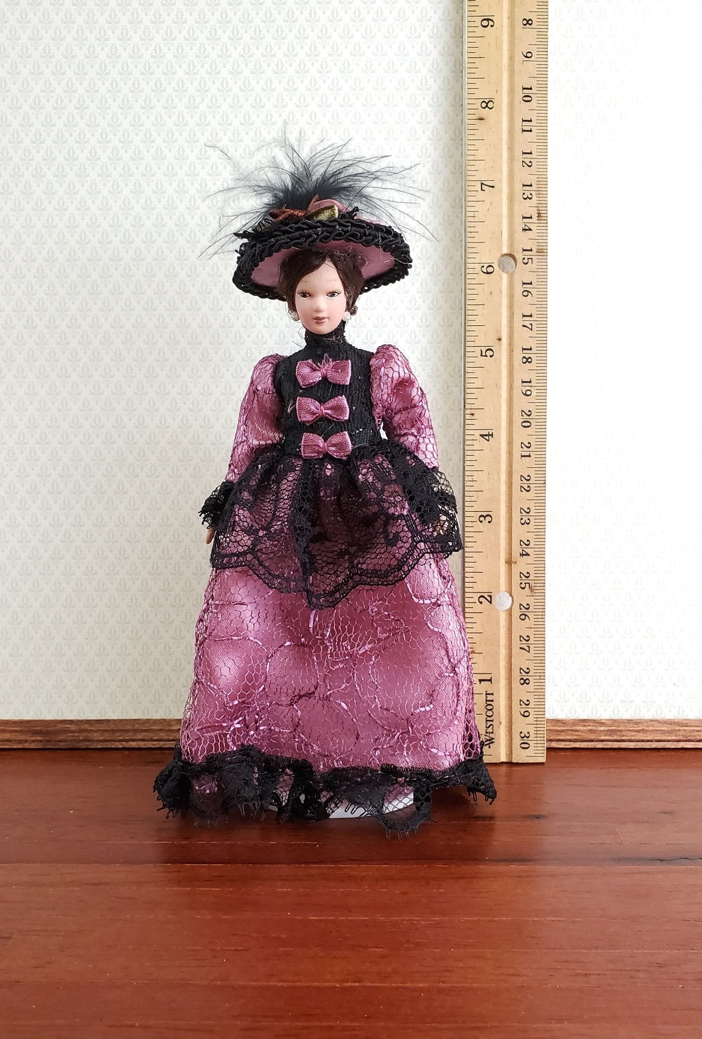 Dollhouse Miniature Victorian Doll Porcelain Fancy Lavender Lacy Dress and Hat 1:12 Scale - Miniature Crush