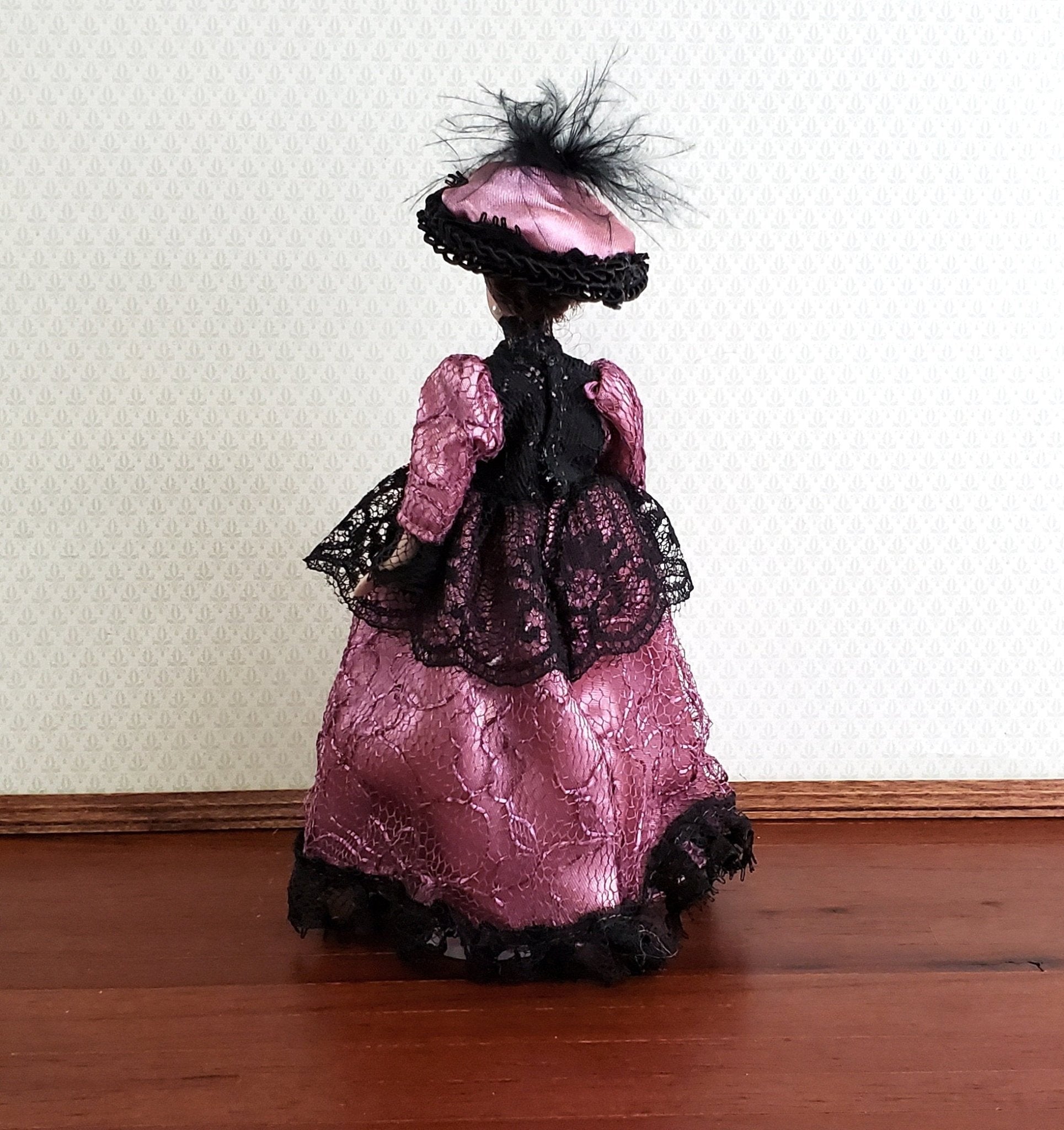 Dollhouse Miniature Victorian Doll Porcelain Fancy Lavender Lacy Dress and Hat 1:12 Scale - Miniature Crush