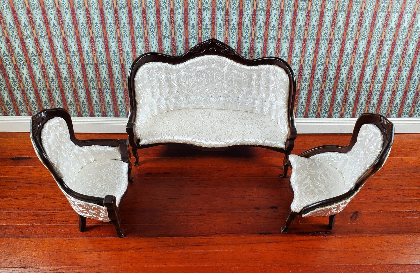 Dollhouse Miniature Victorian Living Room Set Sofa Chairs 1:12 Scale Furniture Walnut Finish - Miniature Crush