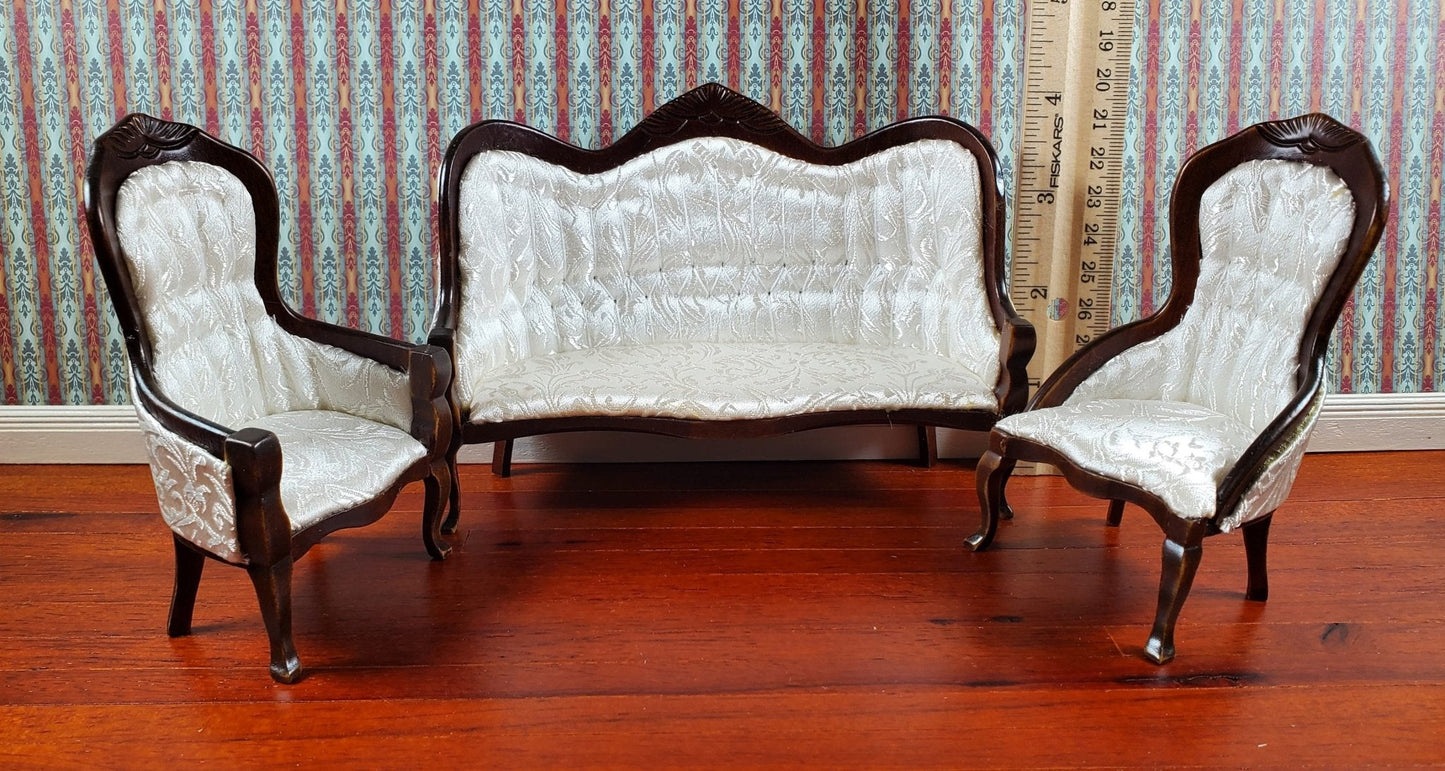 Dollhouse Miniature Victorian Living Room Set Sofa Chairs 1:12 Scale Furniture Walnut Finish - Miniature Crush